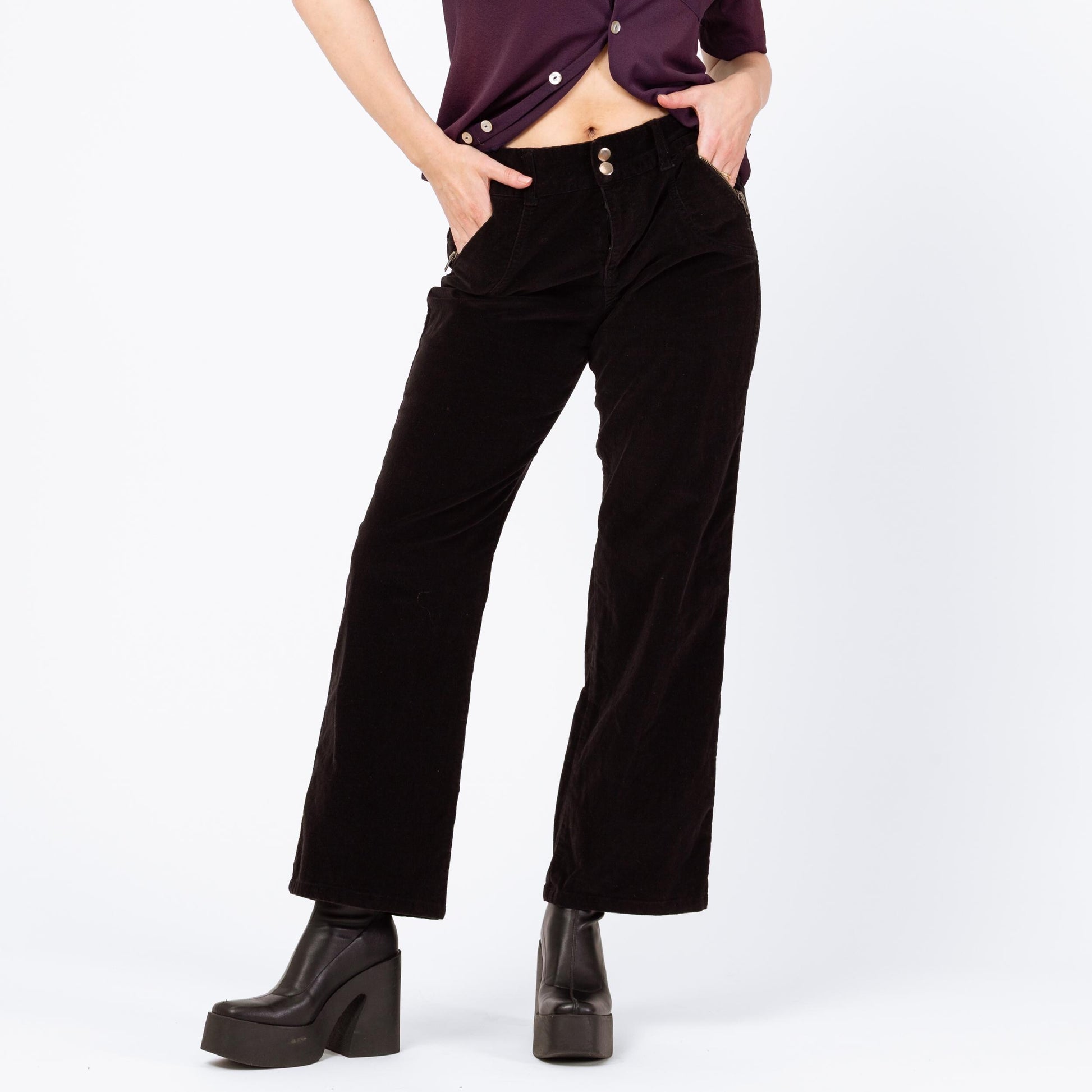 Vintage Y2K Black Corduroy Flared Pants - Medium | Zippered Pocket Pants, Mid Rise Bootcut Trousers