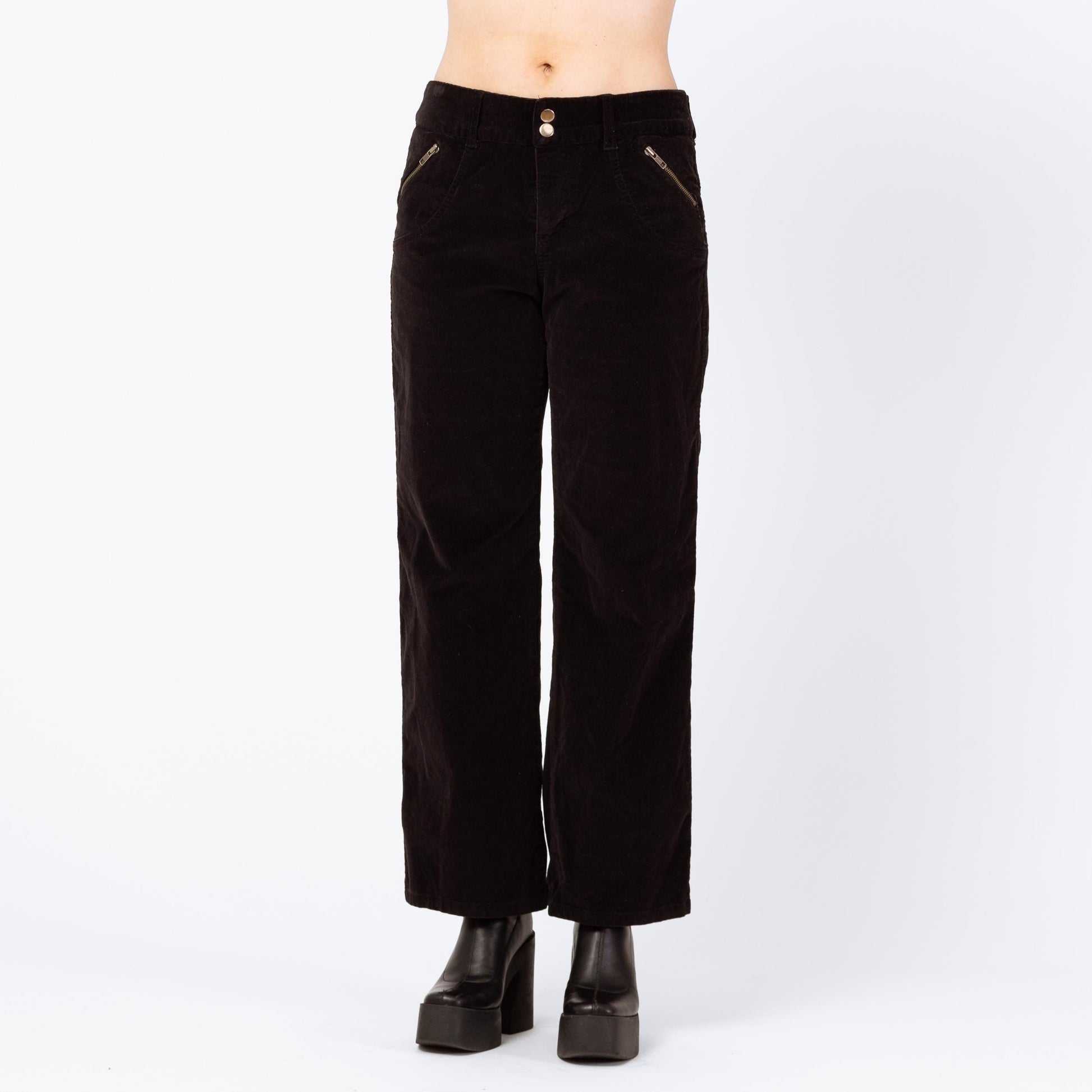 Vintage Y2K Black Corduroy Flared Pants - Medium | Zippered Pocket Pants, Mid Rise Bootcut Trousers