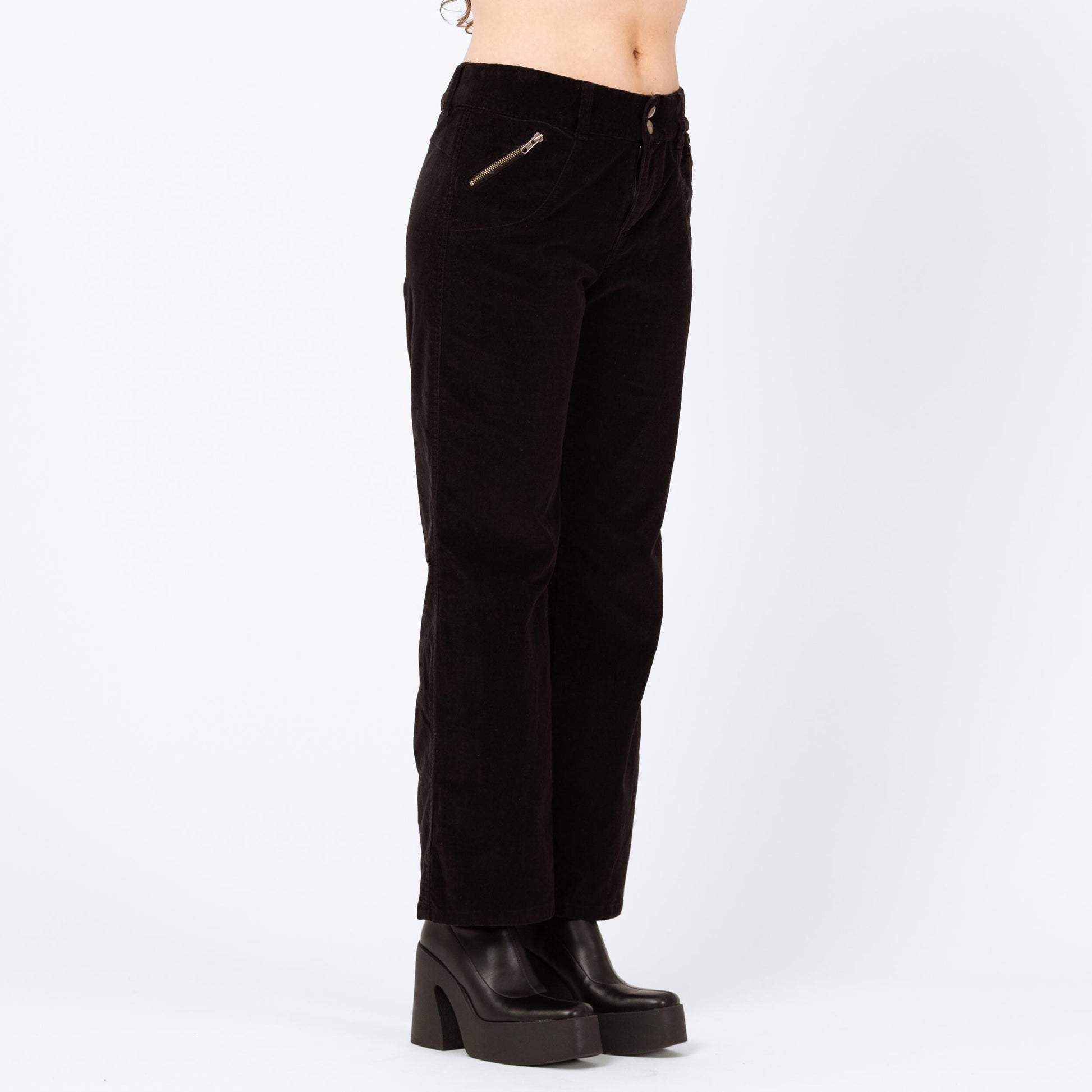 Vintage Y2K Black Corduroy Flared Pants - Medium | Zippered Pocket Pants, Mid Rise Bootcut Trousers