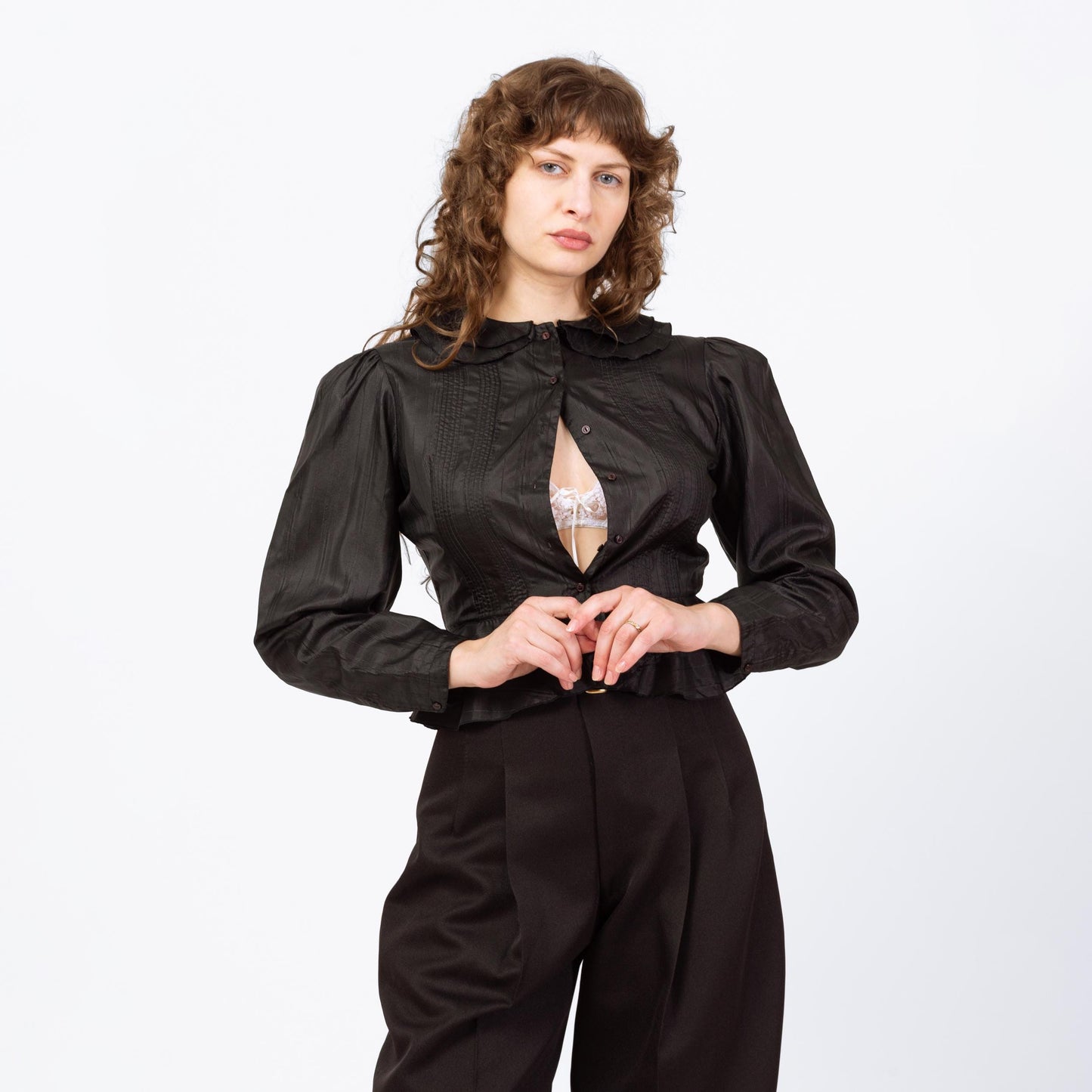 Vintage 70s Does Victorian Black Puff Sleeve Prairie Blouse - Medium | Gothic Peter Pan Collar Ruffle Trim Long Sleeve Top