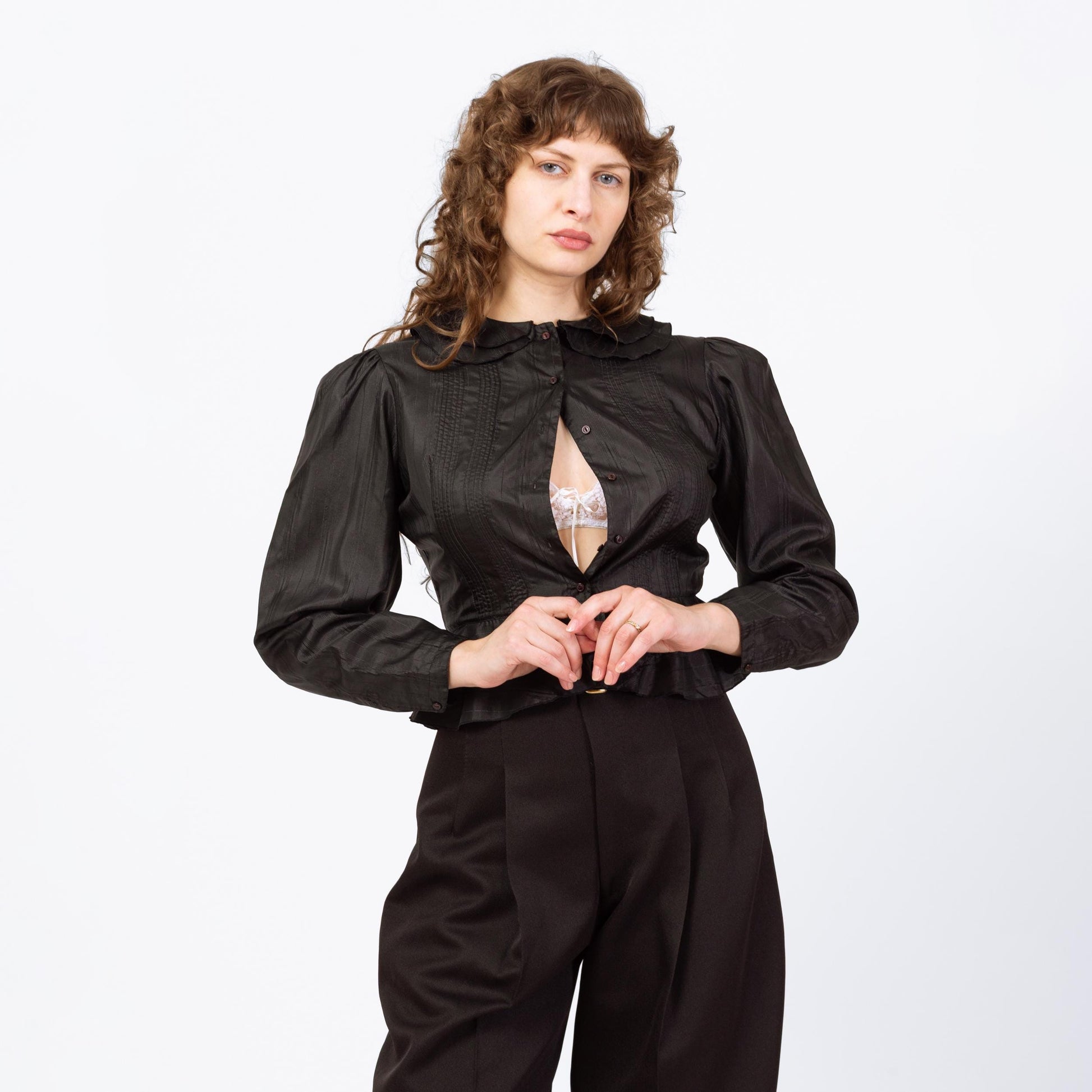 Vintage 70s Does Victorian Black Puff Sleeve Prairie Blouse - Medium | Gothic Peter Pan Collar Ruffle Trim Long Sleeve Top