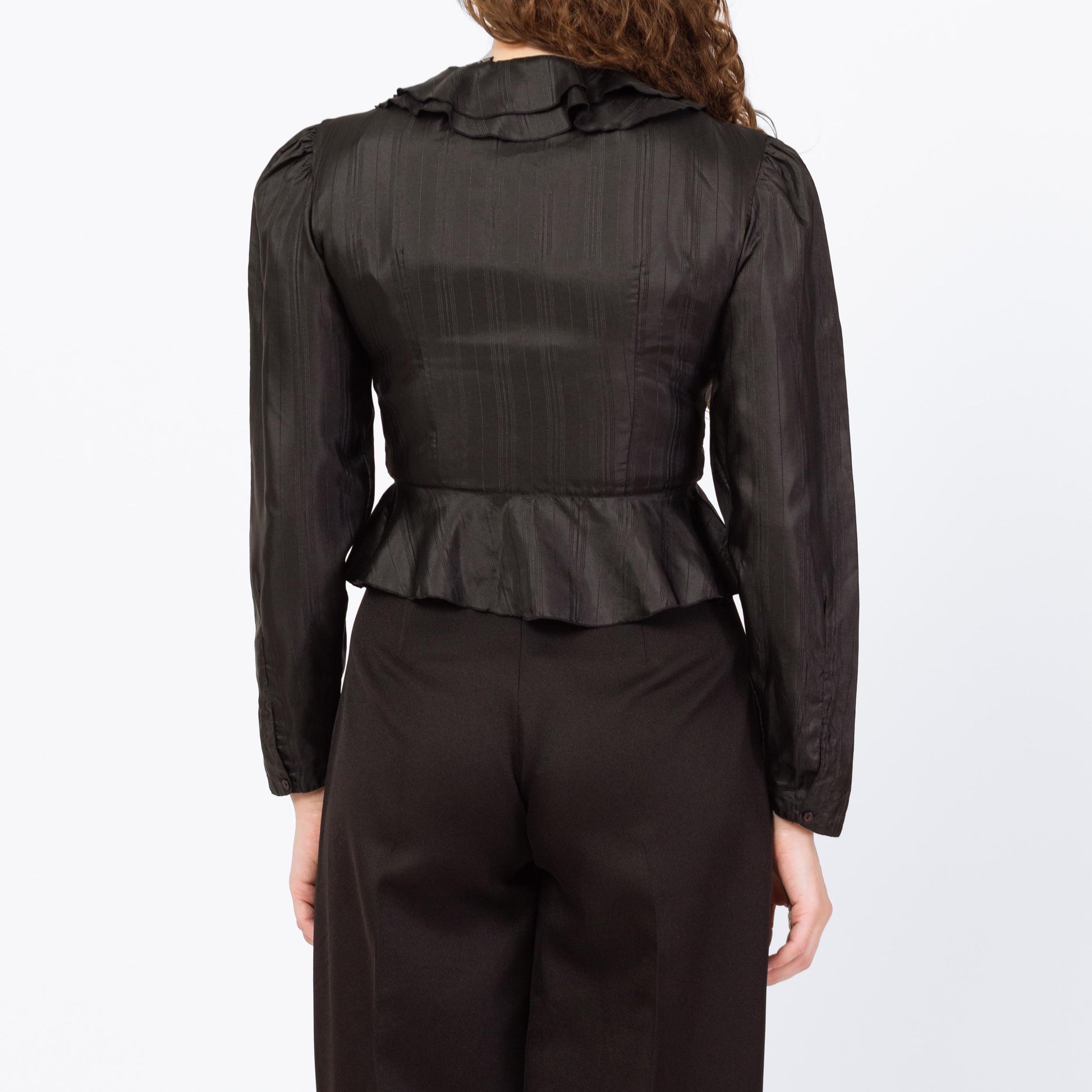 Vintage 70s Does Victorian Black Puff Sleeve Prairie Blouse - Medium | Gothic Peter Pan Collar Ruffle Trim Long Sleeve Top