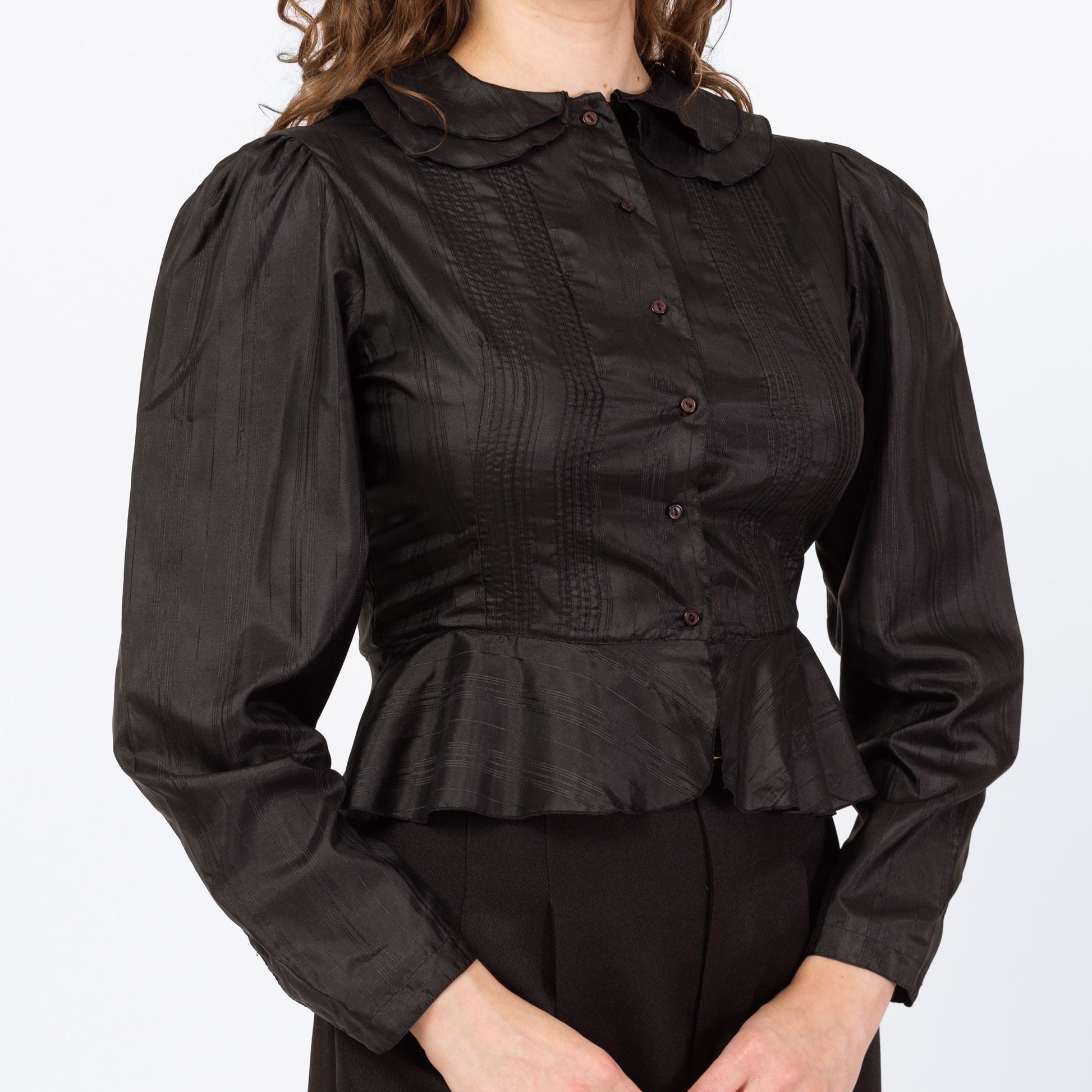 Vintage 70s Does Victorian Black Puff Sleeve Prairie Blouse - Medium | Gothic Peter Pan Collar Ruffle Trim Long Sleeve Top