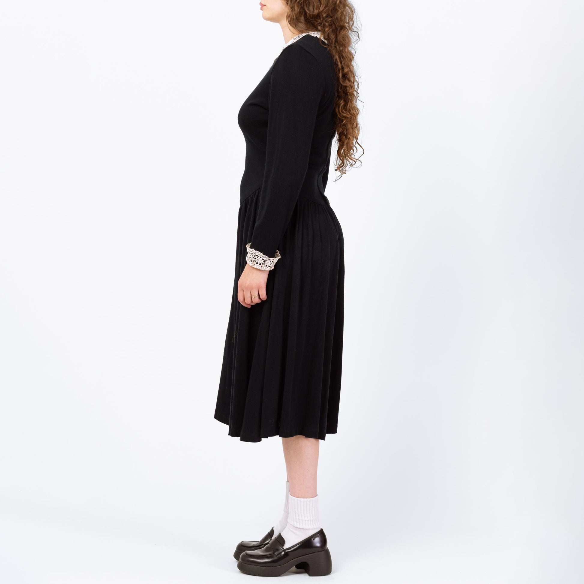 Vintage 80s Gothic Wednesday Addams Black Midi Dress - Medium | White Lace Contrast Trim Collared Fit & Flare Pocket Dress