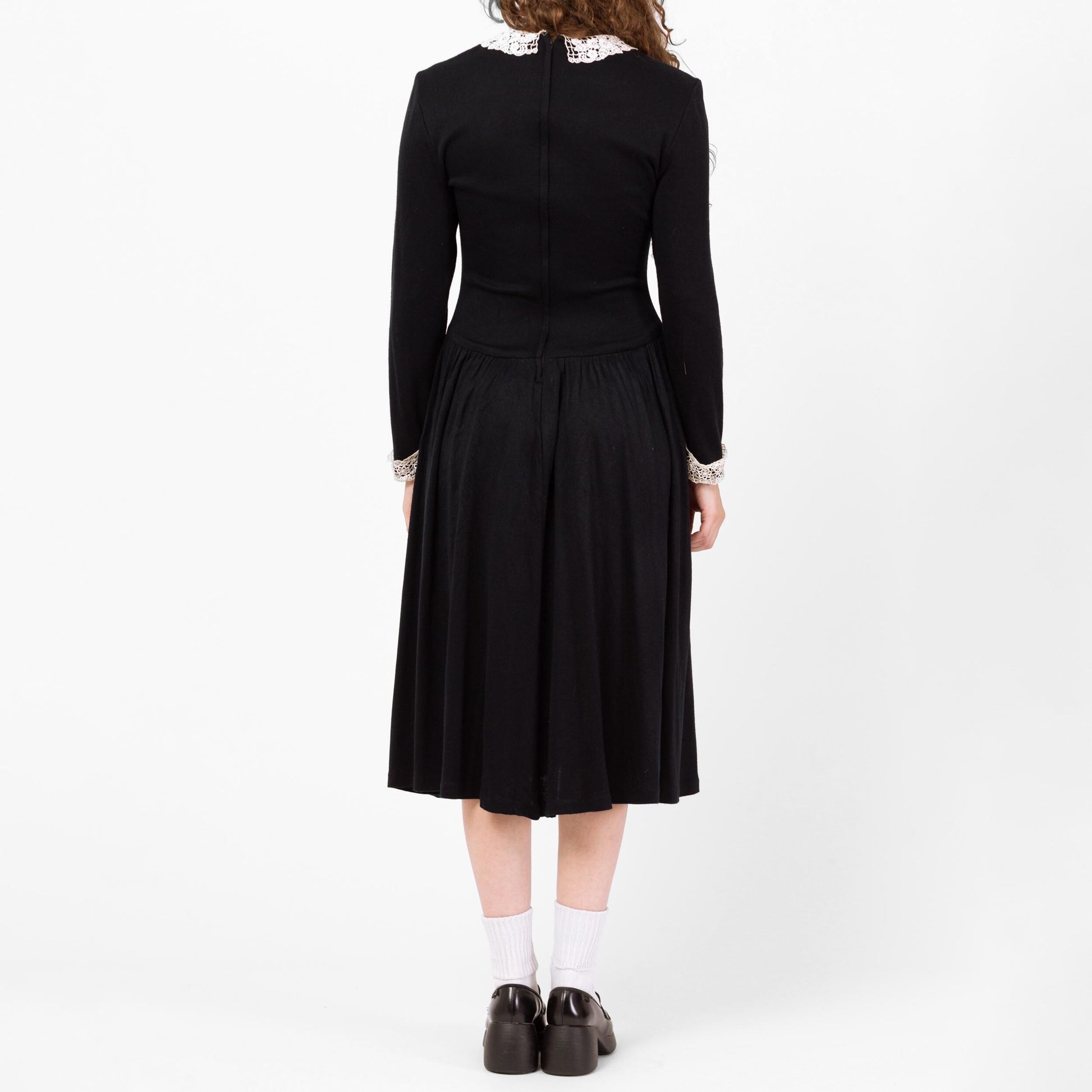 Vintage 80s Gothic Wednesday Addams Black Midi Dress - Medium | White Lace Contrast Trim Collared Fit & Flare Pocket Dress