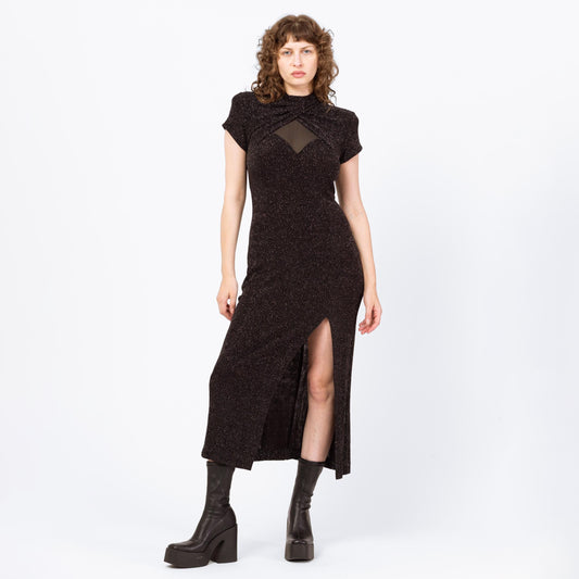 Vintage 90s Sparkle Mesh Cut Out Maxi Dress - Medium | Black Silver High Thigh Slit Sheer Back Cocktail Party Dress