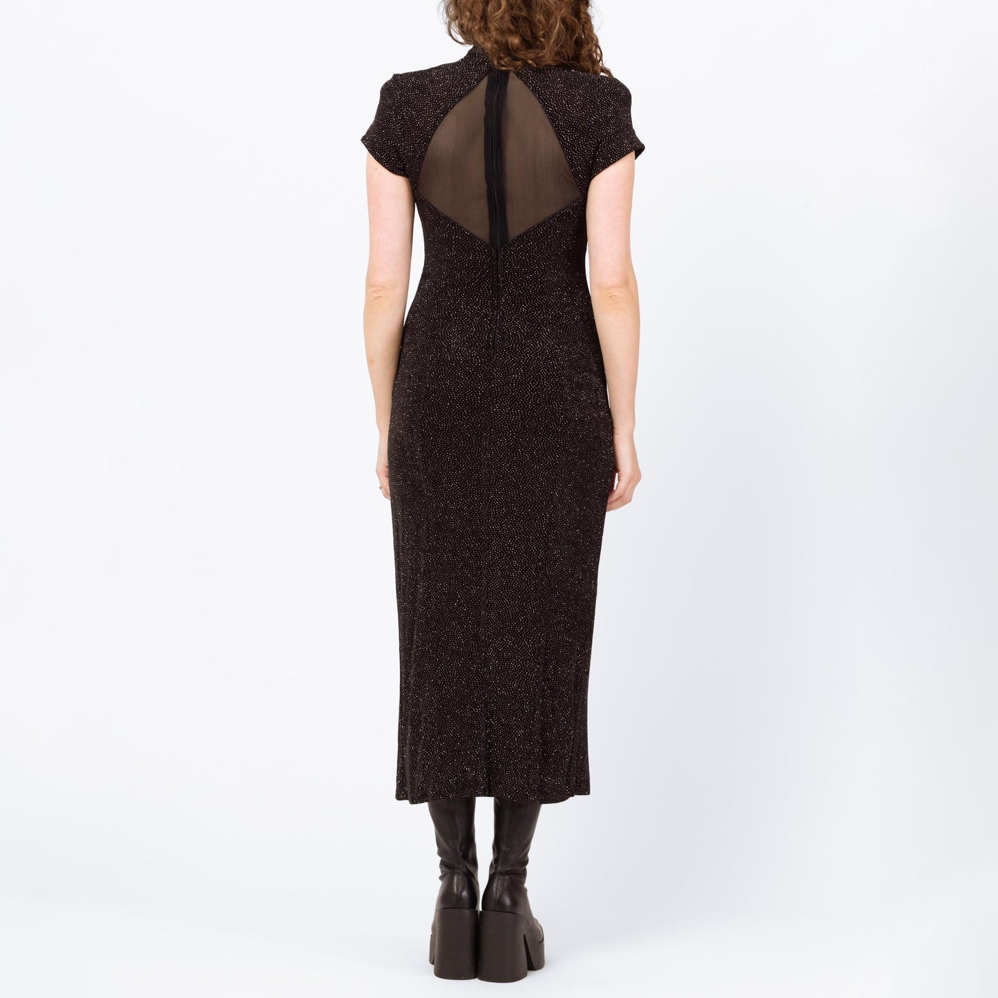 Vintage 90s Sparkle Mesh Cut Out Maxi Dress - Medium | Black Silver High Thigh Slit Sheer Back Cocktail Party Dress