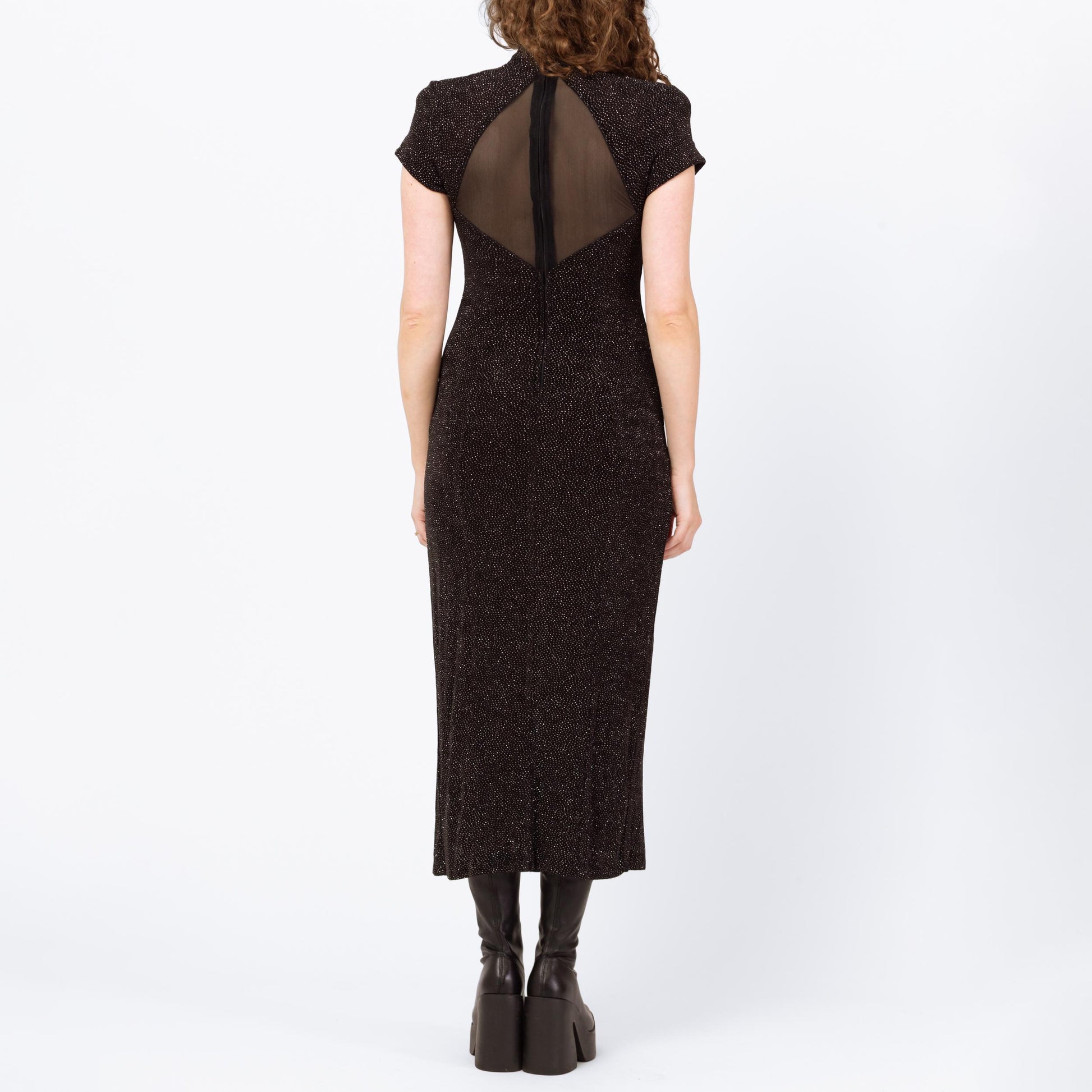 Vintage 90s Sparkle Mesh Cut Out Maxi Dress - Medium | Black Silver High Thigh Slit Sheer Back Cocktail Party Dress