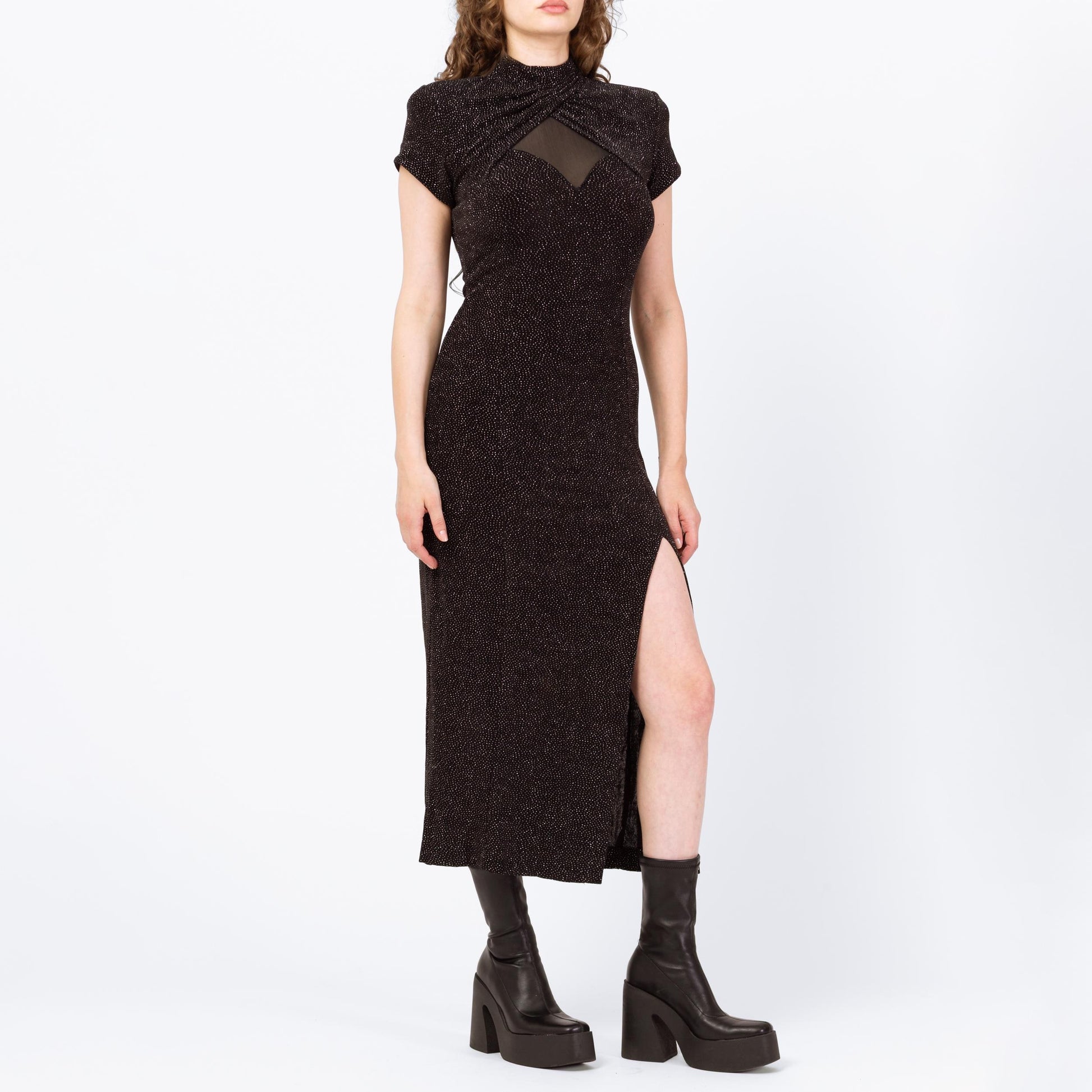 Vintage 90s Sparkle Mesh Cut Out Maxi Dress - Medium | Black Silver High Thigh Slit Sheer Back Cocktail Party Dress