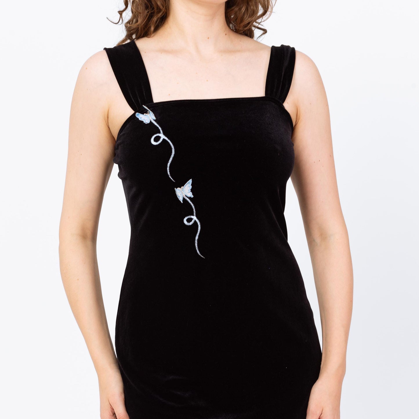 Vintage 90s Black Velvet Butterfly Applique Mini Dress - Medium | Gothic Sleeveless Bodycon Party Dress