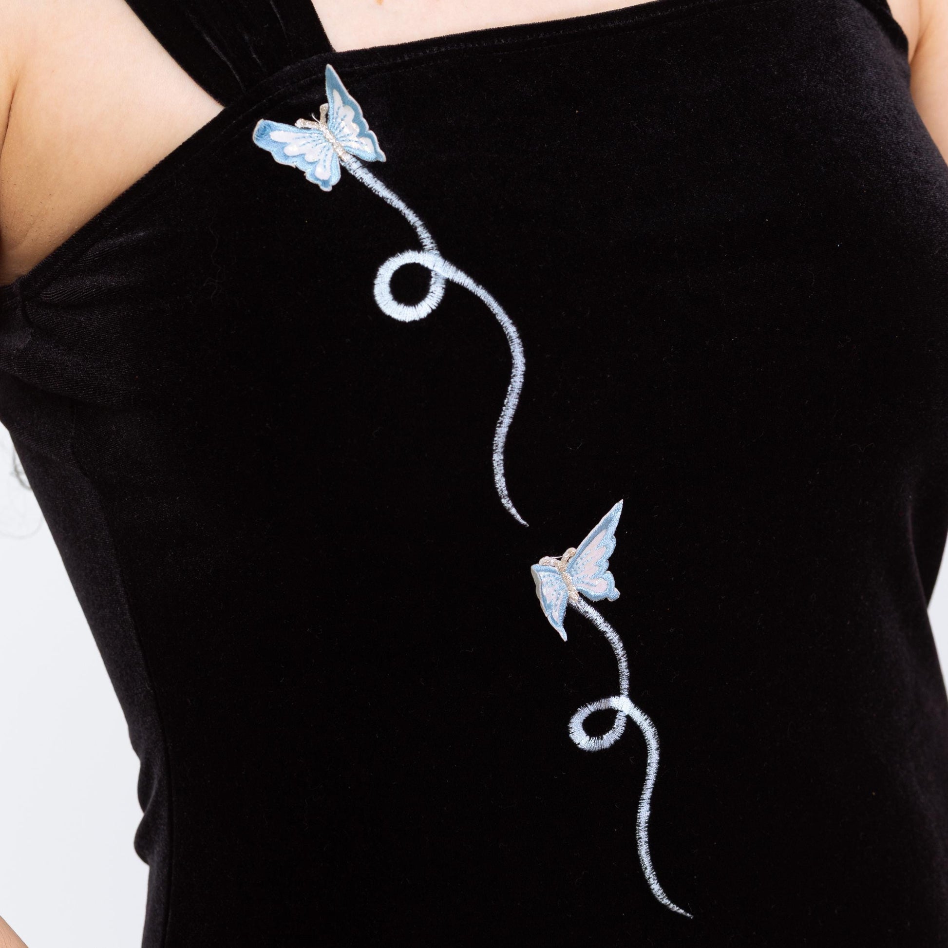 Vintage 90s Black Velvet Butterfly Applique Mini Dress - Medium | Gothic Sleeveless Bodycon Party Dress