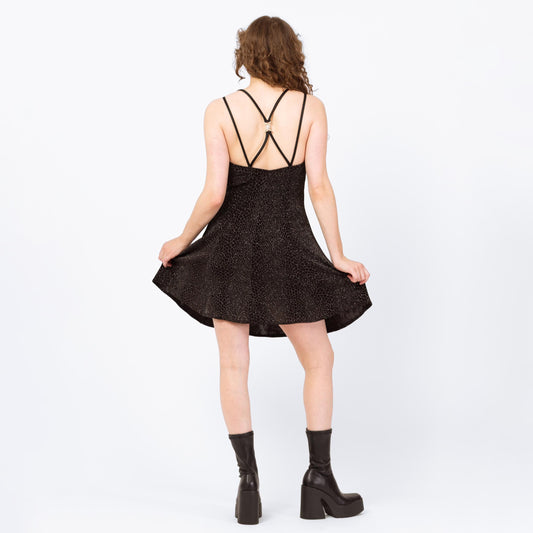 Vintage 90s Black Snakeskin Sparkle Strappy Cross Back Mini Dress - Medium | Bari Jay Backless Fit & Flare Jeweled Trim Party Dress
