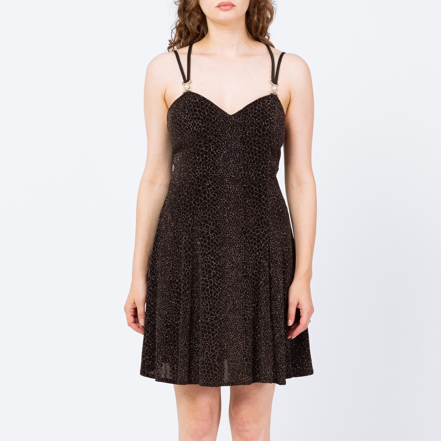 Vintage 90s Black Snakeskin Sparkle Strappy Cross Back Mini Dress - Medium | Bari Jay Backless Fit & Flare Jeweled Trim Party Dress