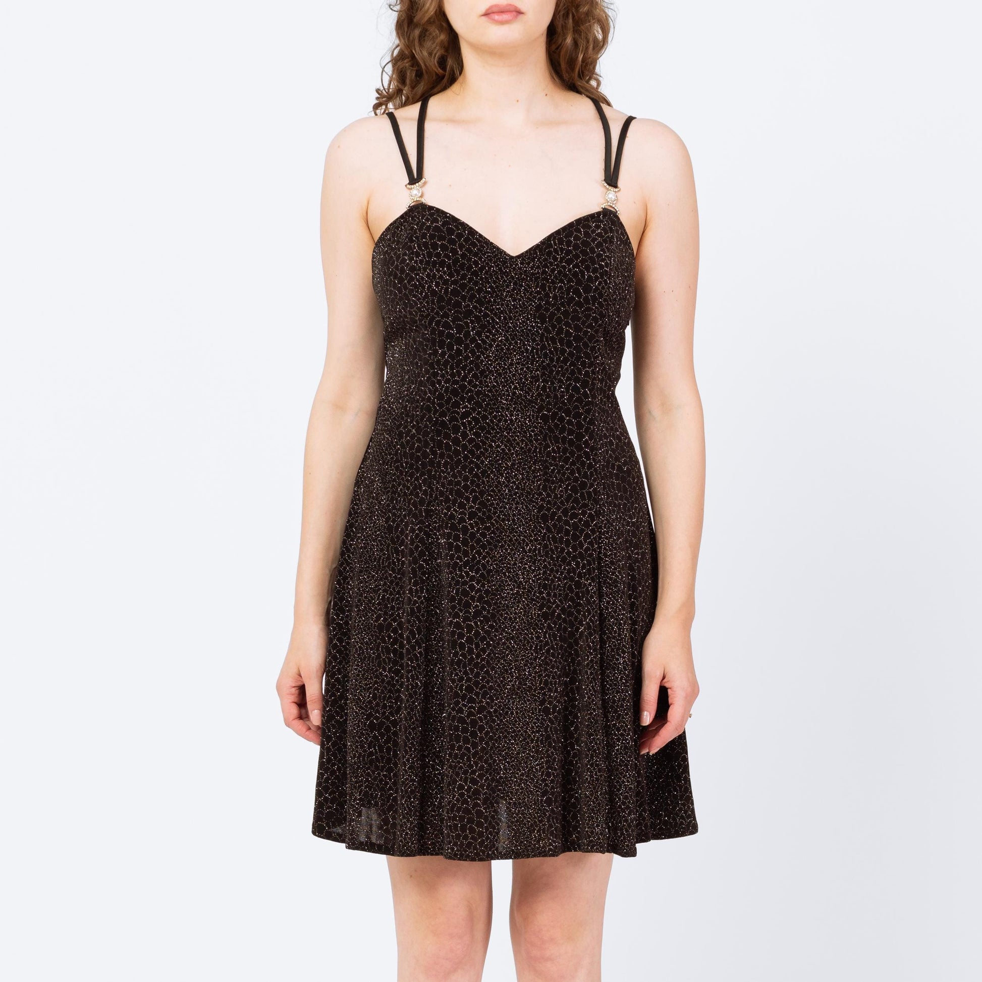 Vintage 90s Black Snakeskin Sparkle Strappy Cross Back Mini Dress - Medium | Bari Jay Backless Fit & Flare Jeweled Trim Party Dress
