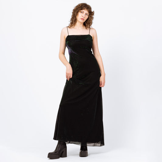 Vintage 90s Iridescent Black Green & Purple Gown - Medium | Slinky Formal Maxi Dress, Y2K Gothic Prom Dress