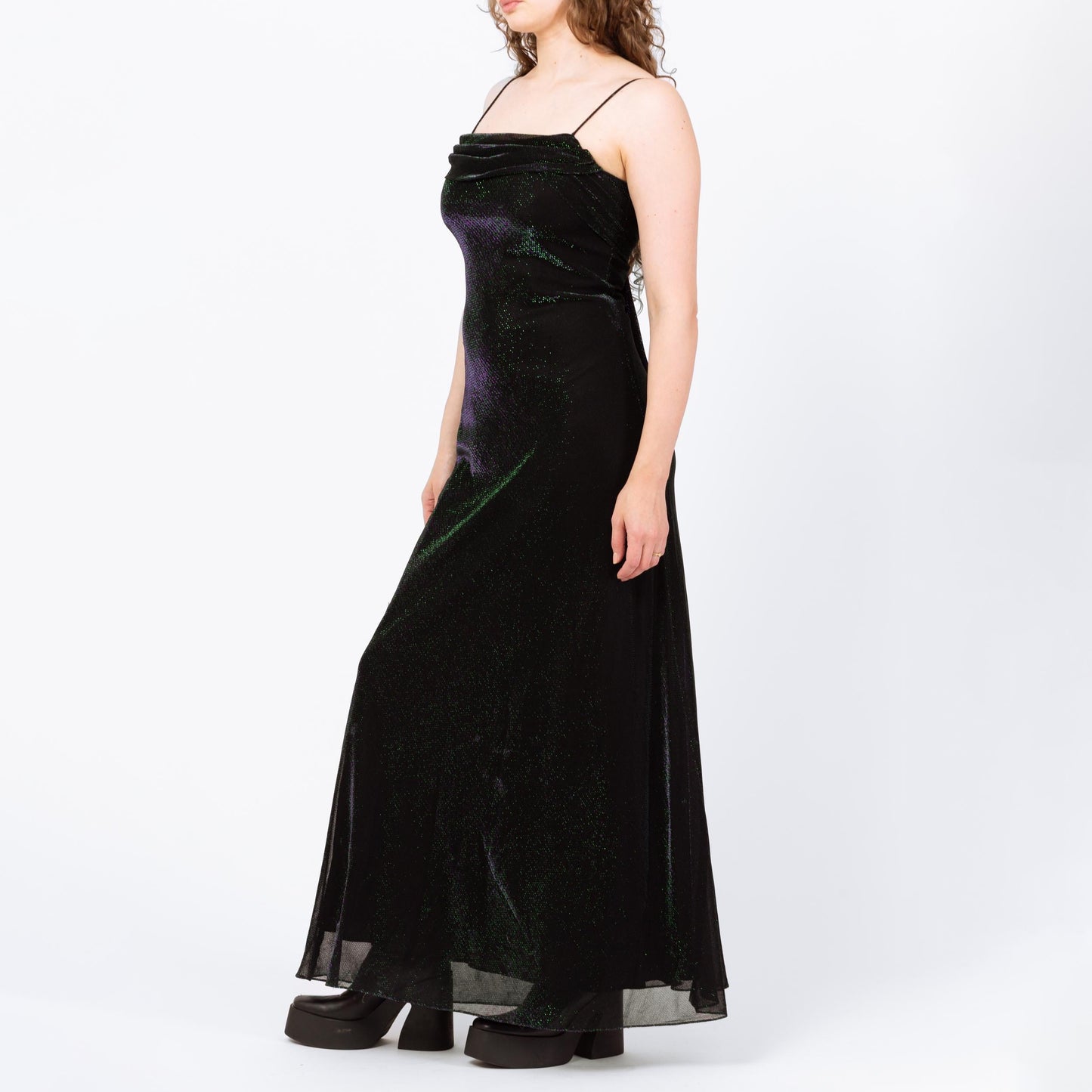 Vintage 90s Iridescent Black Green & Purple Gown - Medium | Slinky Formal Maxi Dress, Y2K Gothic Prom Dress