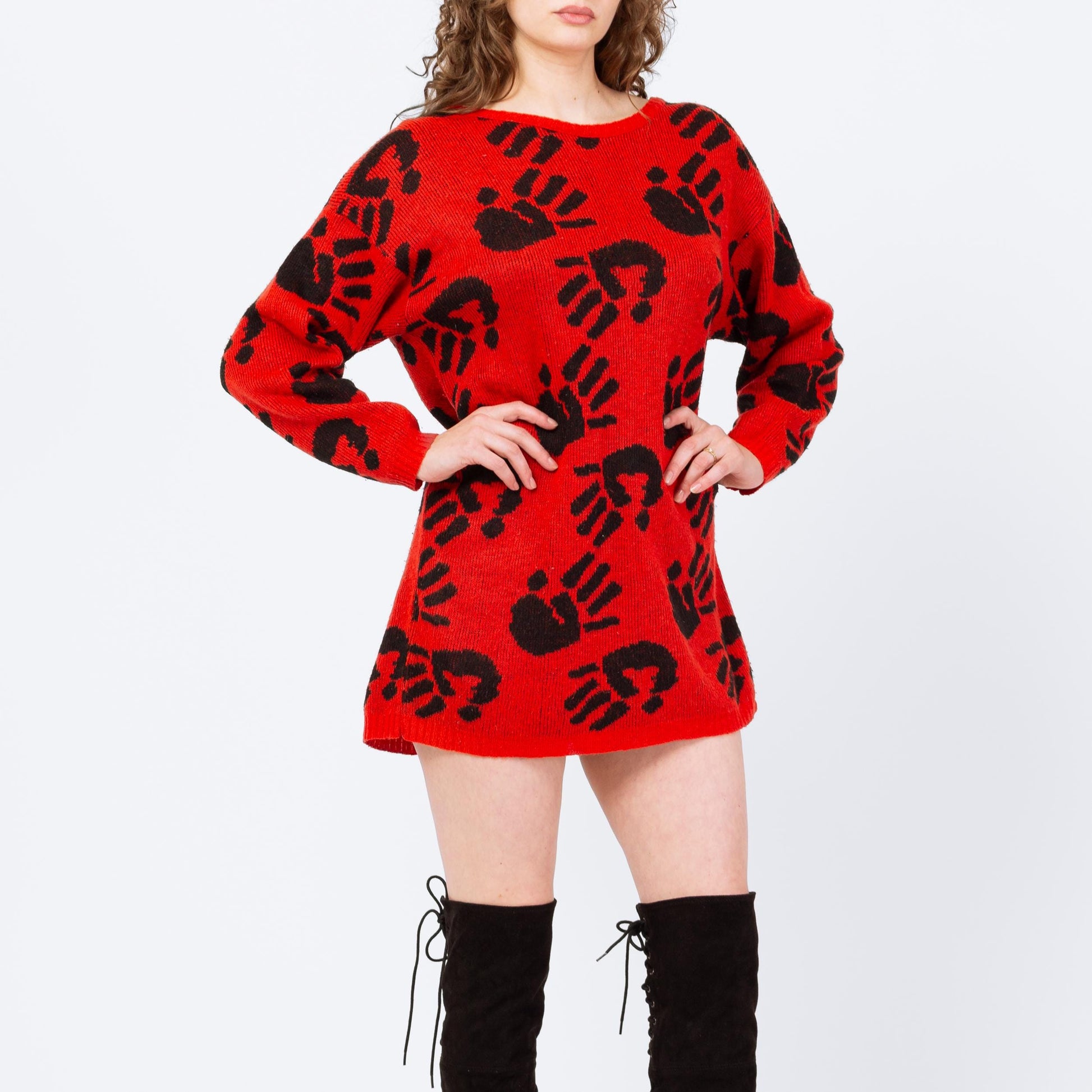 Vintage 80s Spooky Handprint Novelty Sweater Dress - One Size | Red Black Knit Long Sleeve Oversize Pullover Mini Dress