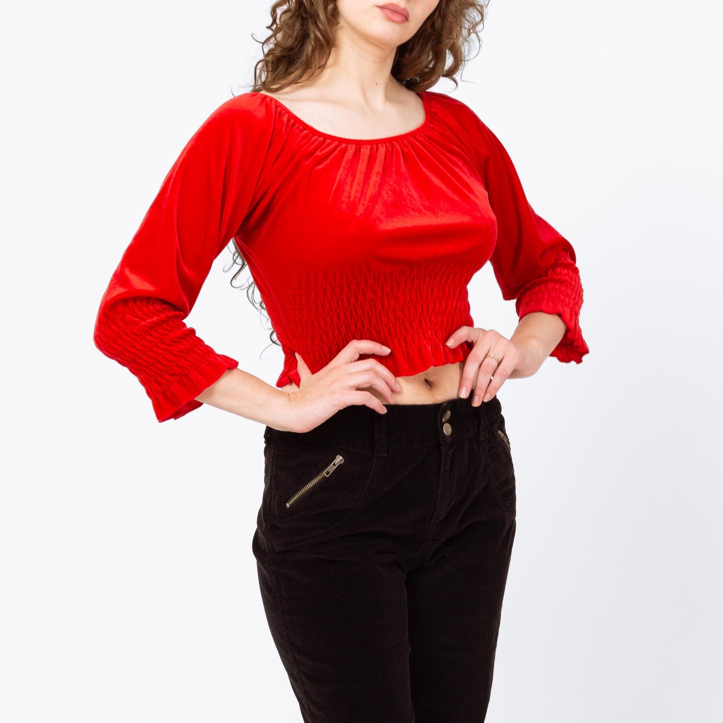 Vintage 90s Red Velvet Peasant Crop Top - Large | 3/4 Sleeve Fitted Waist Cropped Blouse