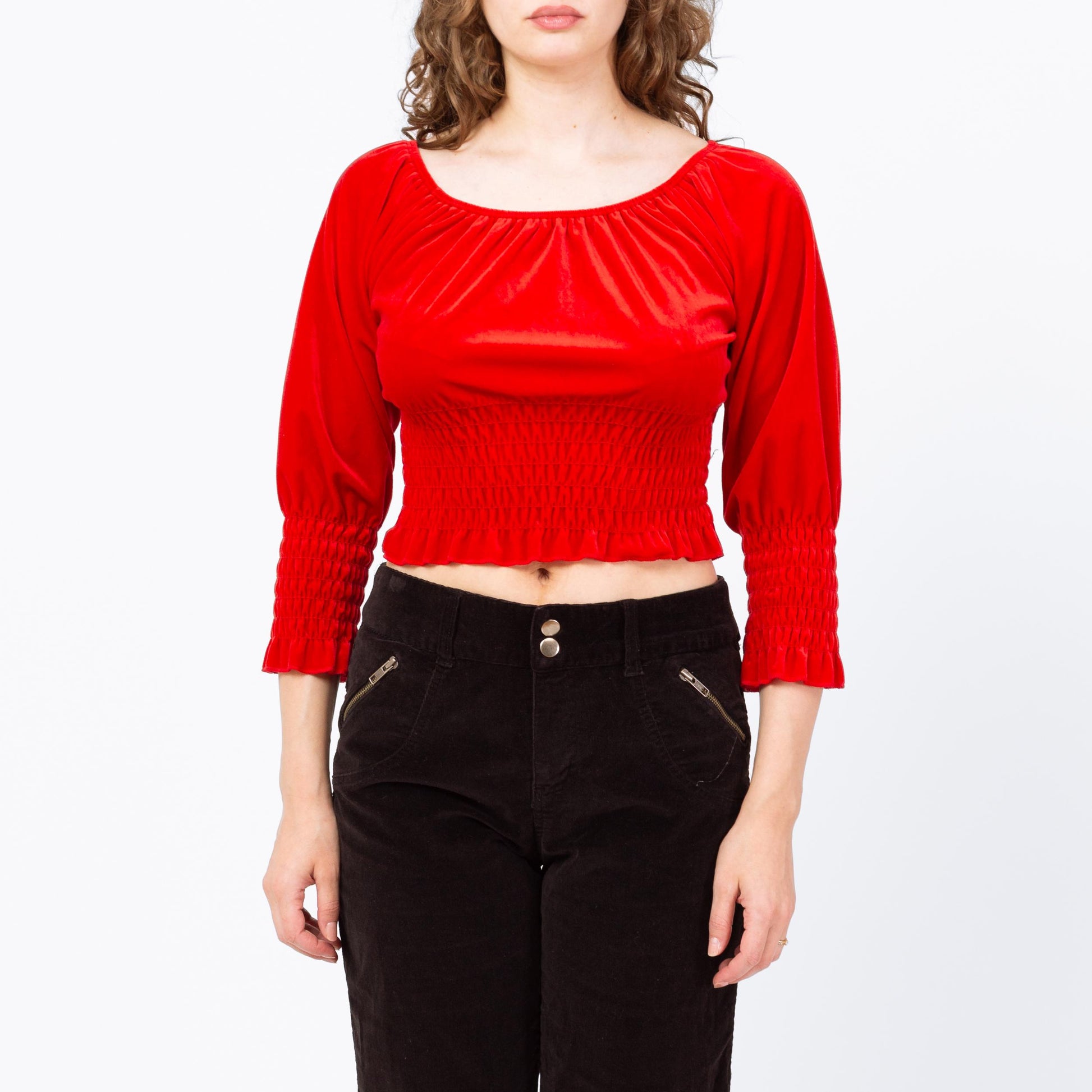 Vintage 90s Red Velvet Peasant Crop Top - Large | 3/4 Sleeve Fitted Waist Cropped Blouse