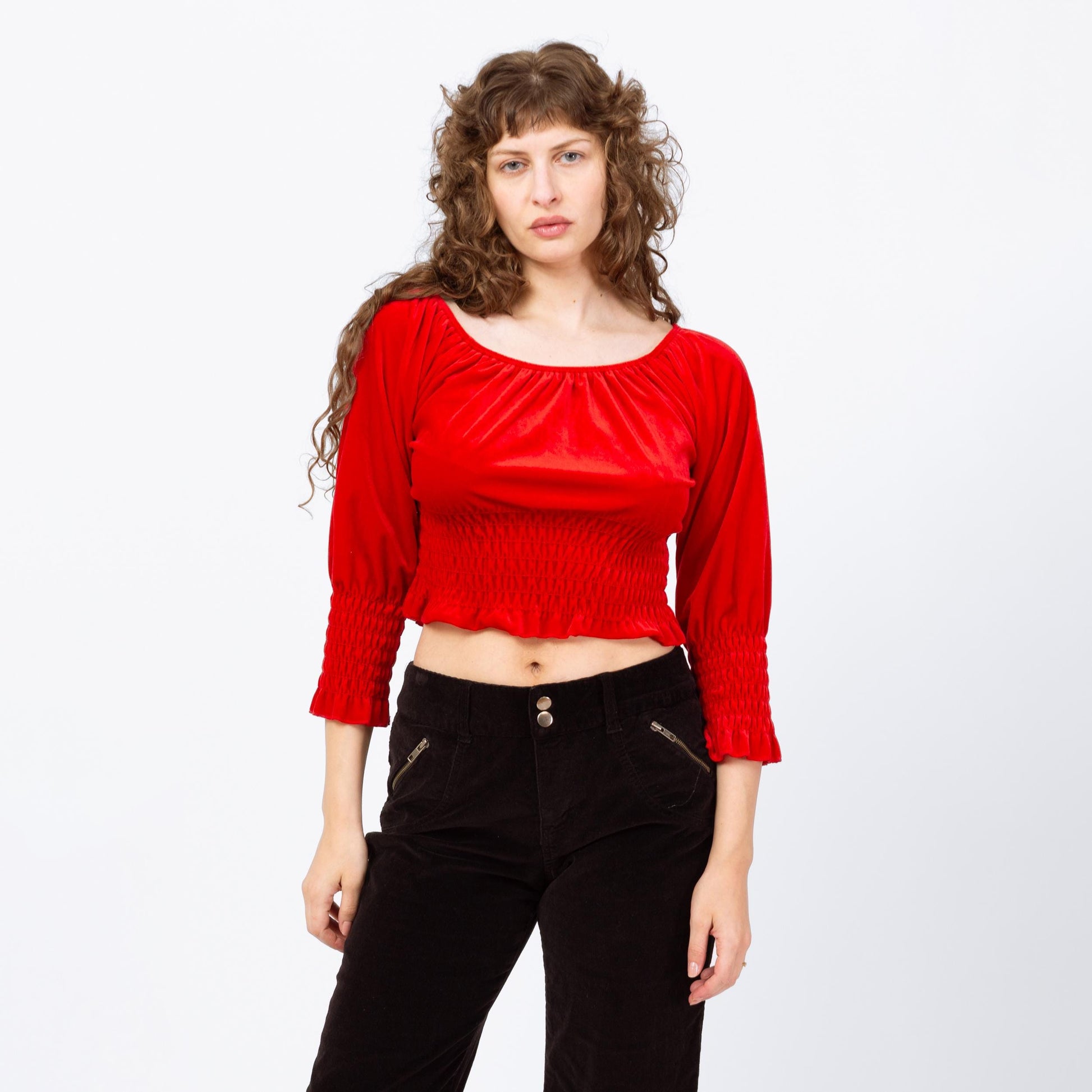 Vintage 90s Red Velvet Peasant Crop Top - Large | 3/4 Sleeve Fitted Waist Cropped Blouse