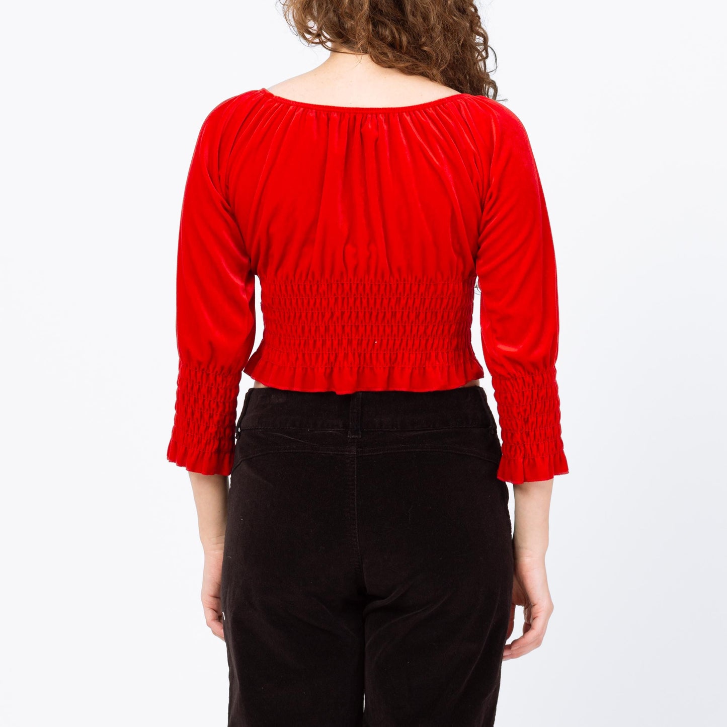 Vintage 90s Red Velvet Peasant Crop Top - Large | 3/4 Sleeve Fitted Waist Cropped Blouse