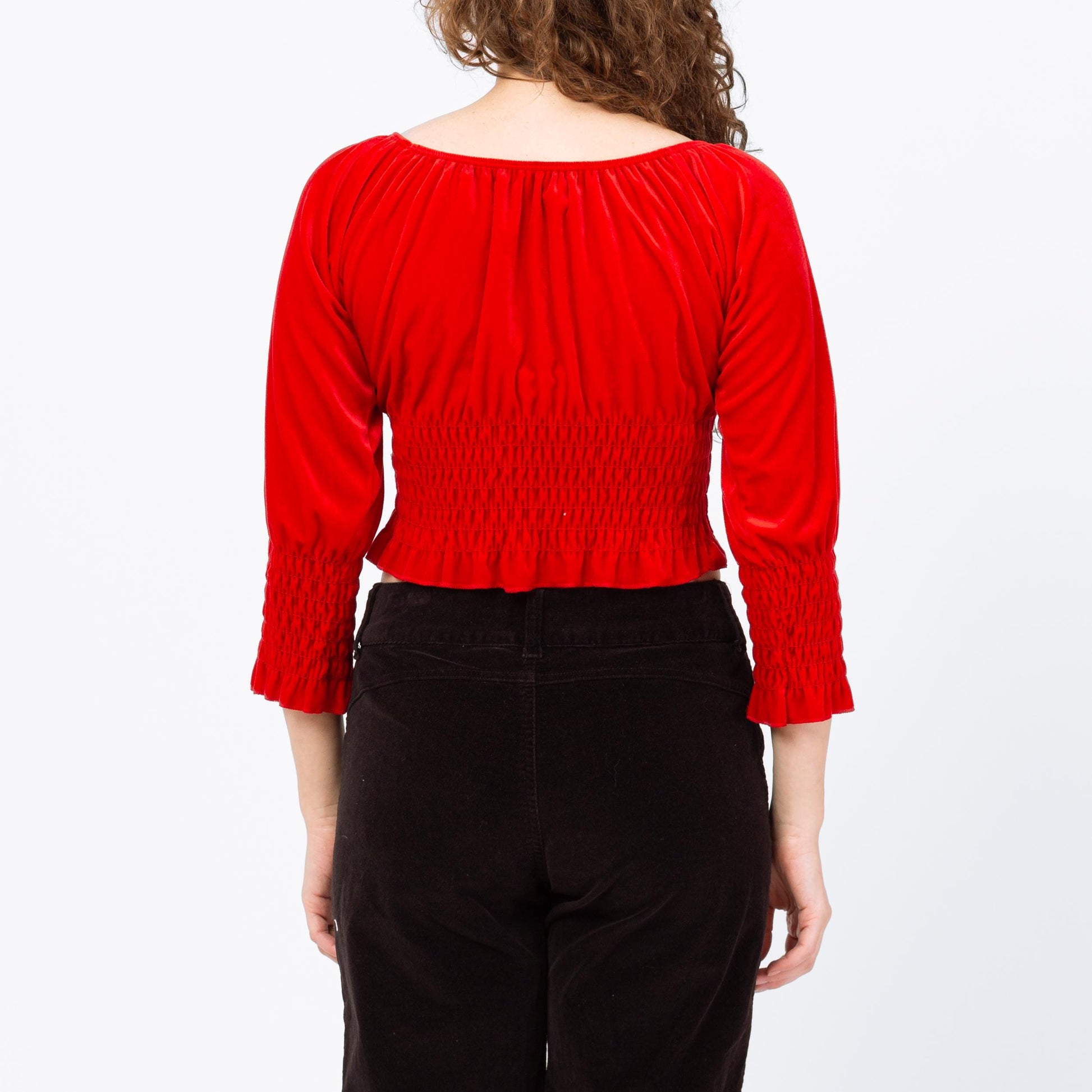 Vintage 90s Red Velvet Peasant Crop Top - Large | 3/4 Sleeve Fitted Waist Cropped Blouse