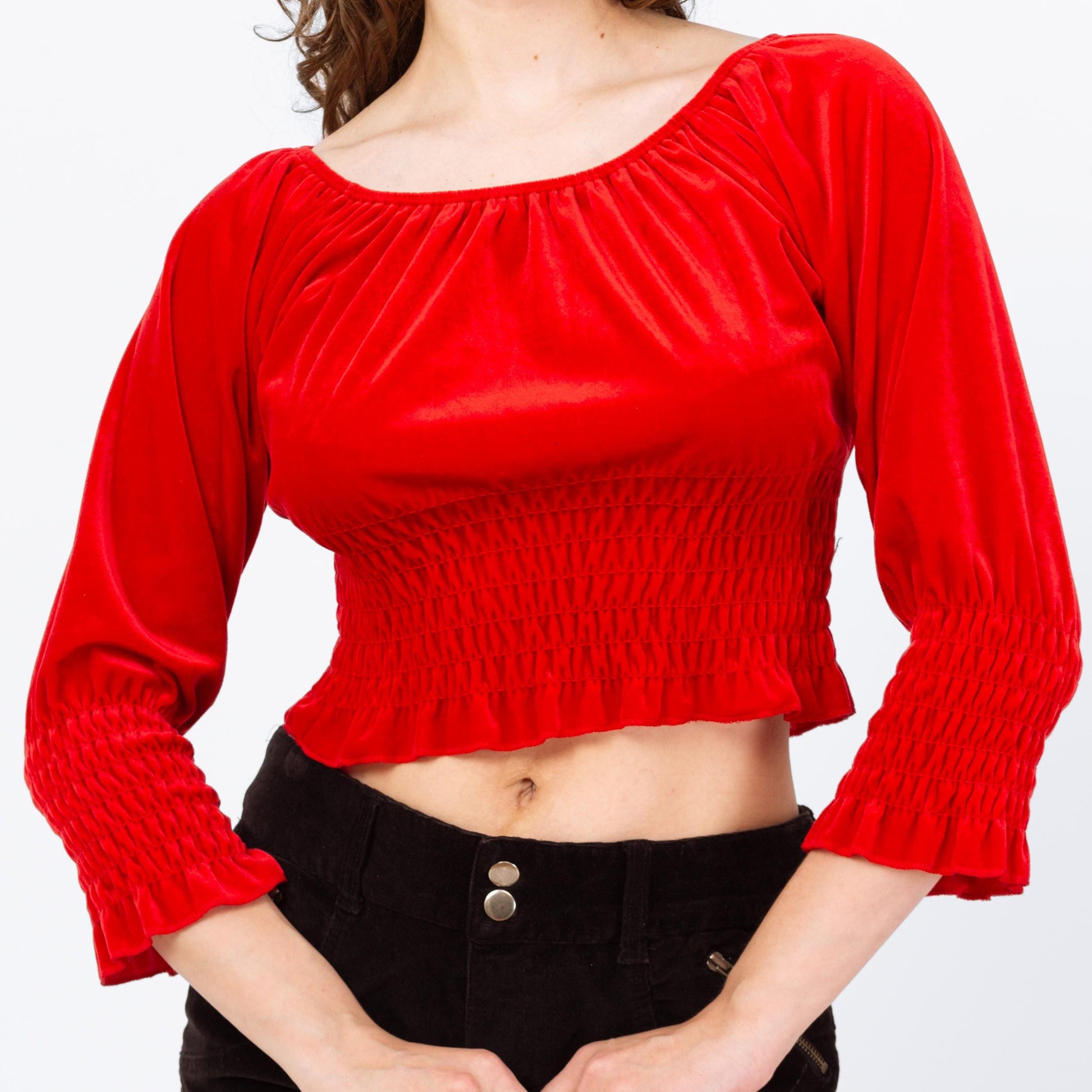 Vintage 90s Red Velvet Peasant Crop Top - Large | 3/4 Sleeve Fitted Waist Cropped Blouse