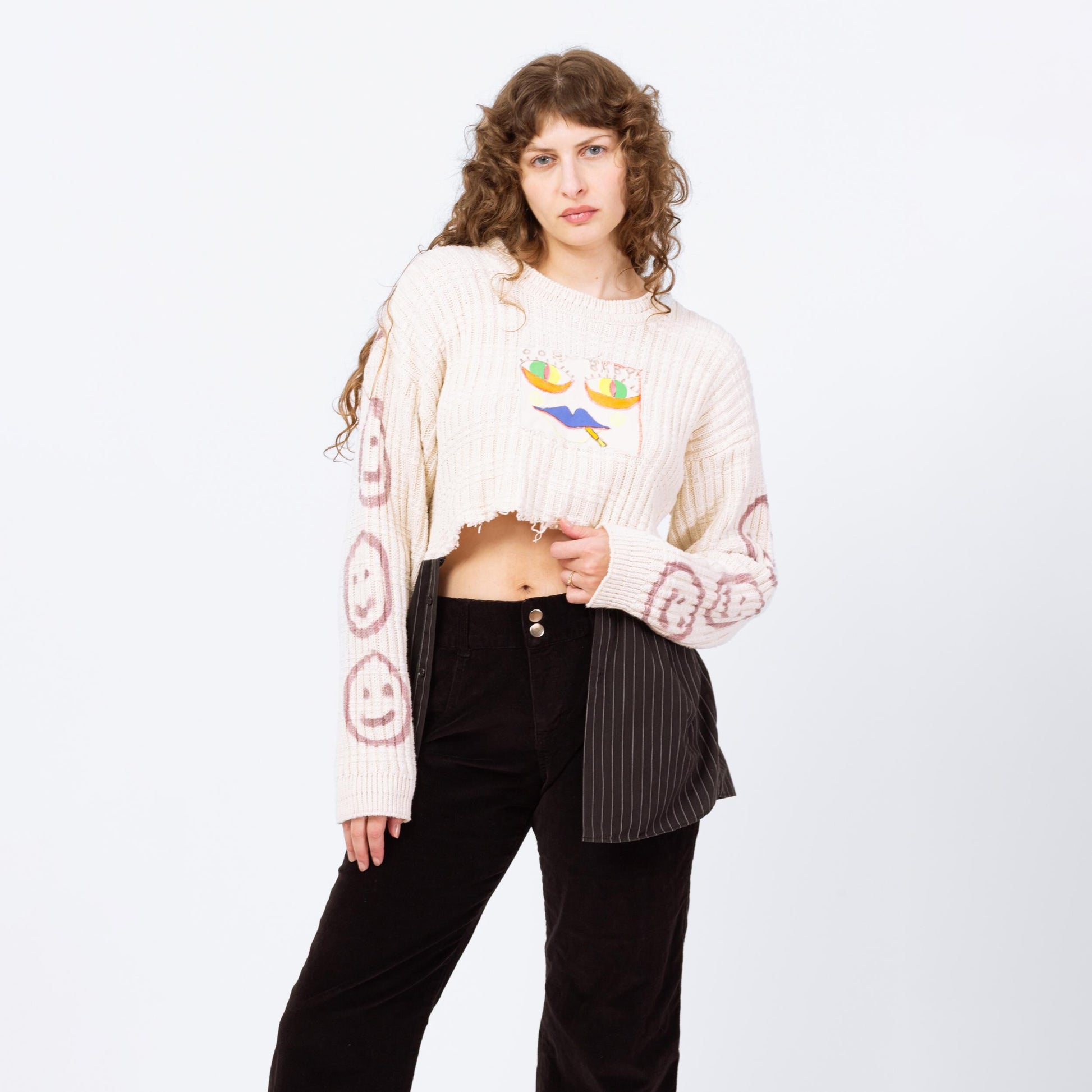 Vintage 90s Smiley Face Spliff High-Low Cropped Sweater - Medium to XL | Tony Lambert Slouchy Cotton Knit Graffiti Sweater