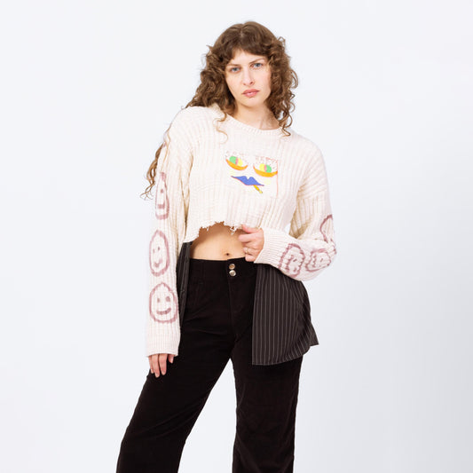 Vintage 90s Smiley Face Spliff High-Low Cropped Sweater - Medium to XL | Tony Lambert Slouchy Cotton Knit Graffiti Sweater