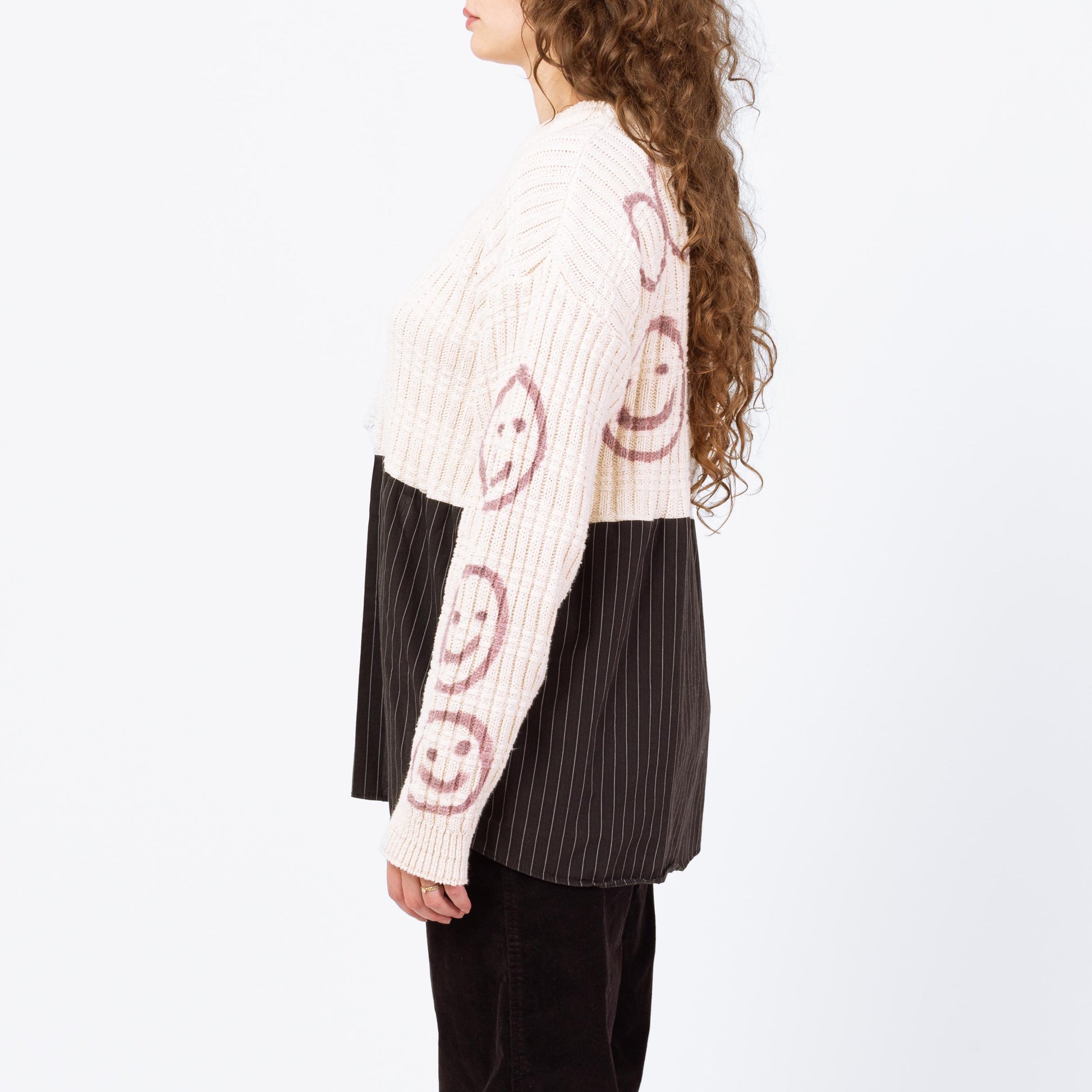 Vintage 90s Smiley Face Spliff High-Low Cropped Sweater - Medium to XL | Tony Lambert Slouchy Cotton Knit Graffiti Sweater