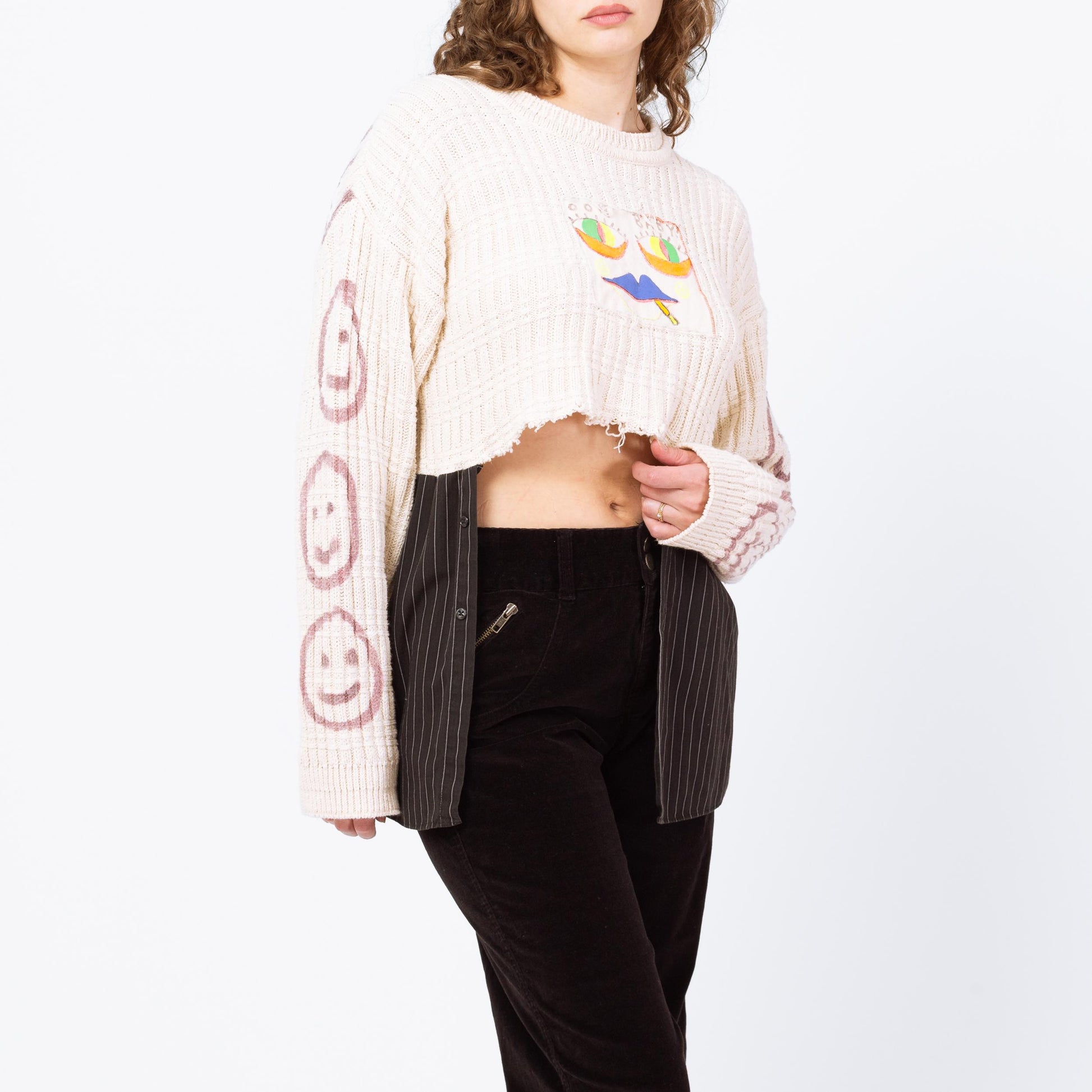 Vintage 90s Smiley Face Spliff High-Low Cropped Sweater - Medium to XL | Tony Lambert Slouchy Cotton Knit Graffiti Sweater