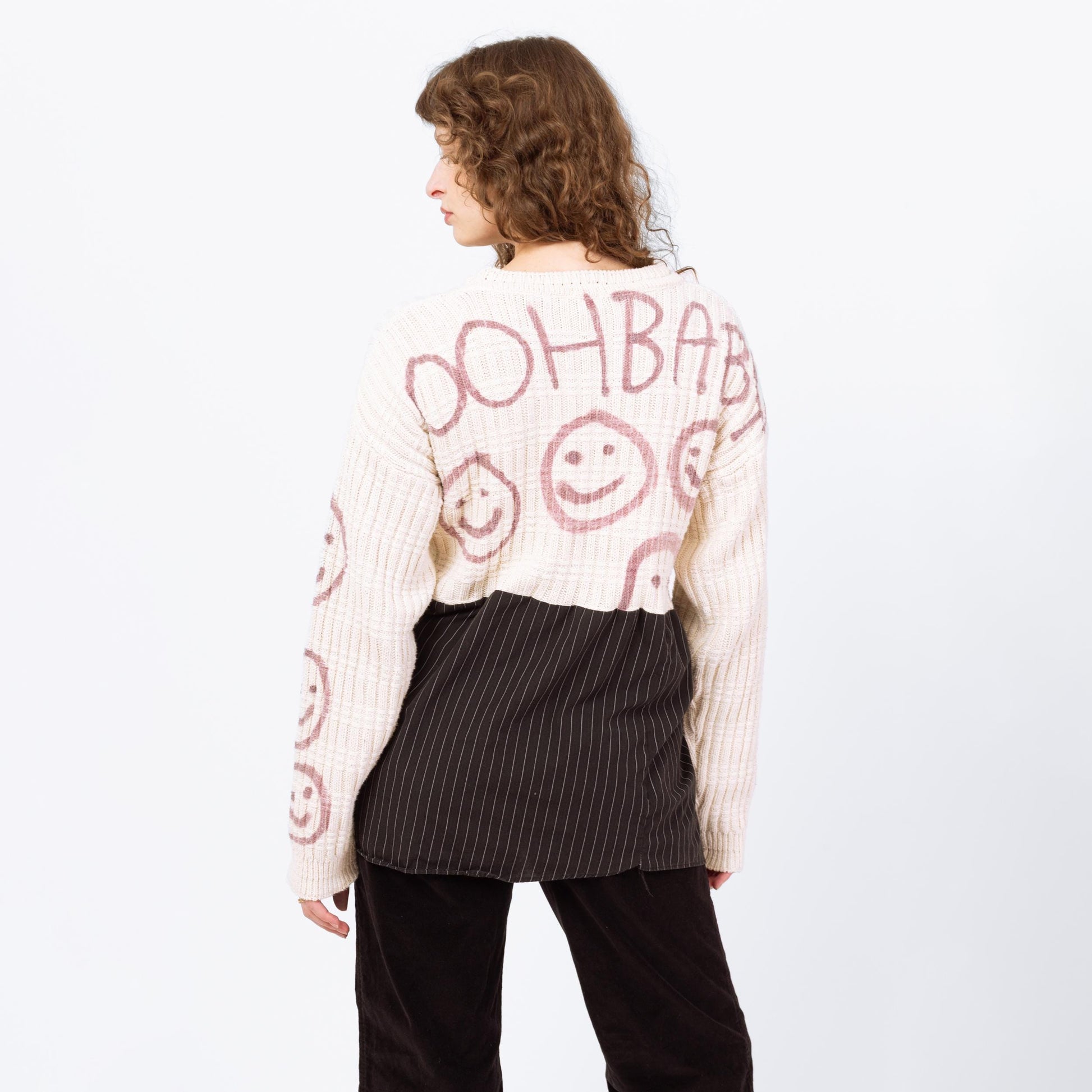 Vintage 90s Smiley Face Spliff High-Low Cropped Sweater - Medium to XL | Tony Lambert Slouchy Cotton Knit Graffiti Sweater