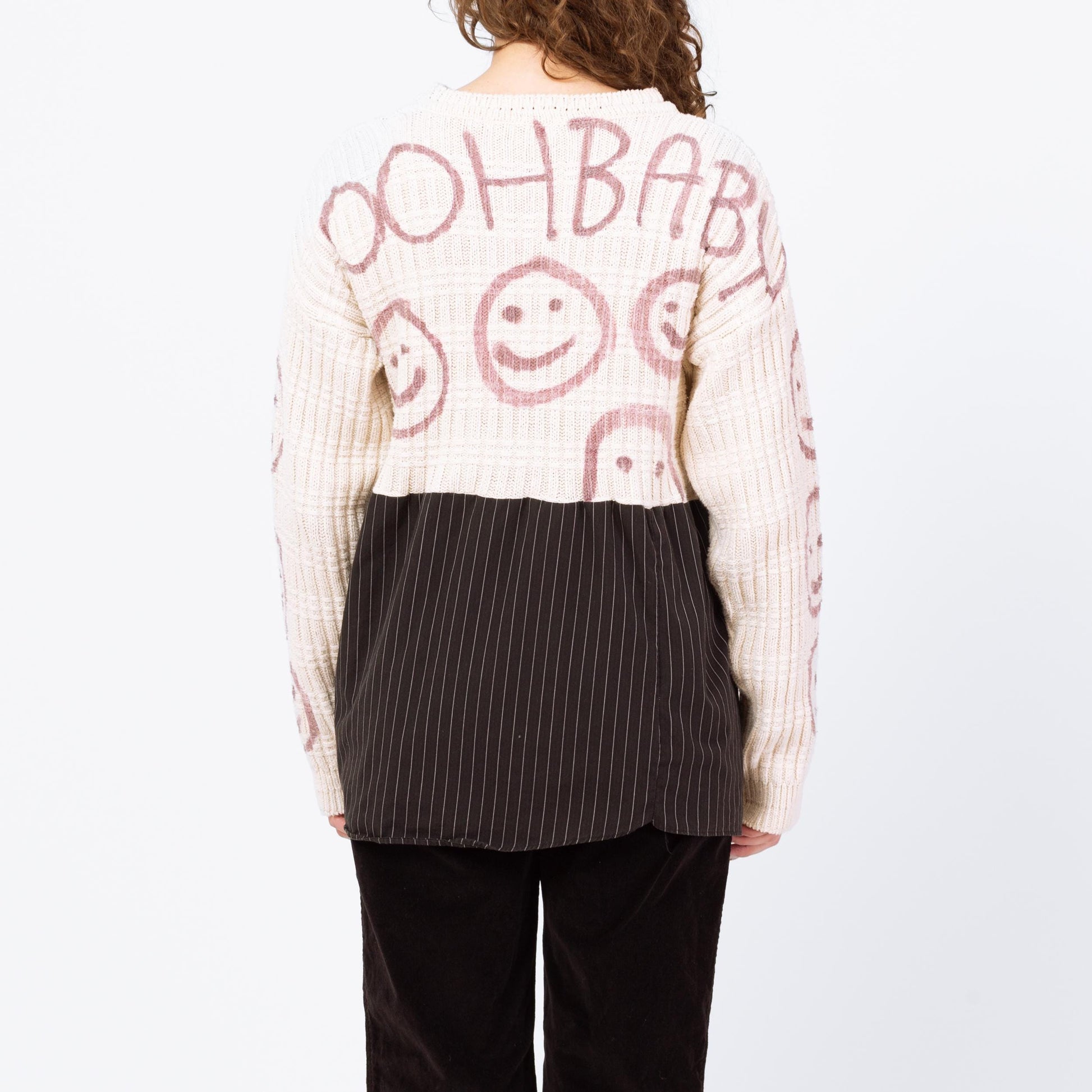 Vintage 90s Smiley Face Spliff High-Low Cropped Sweater - Medium to XL | Tony Lambert Slouchy Cotton Knit Graffiti Sweater
