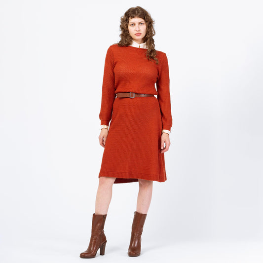 Vintage 70s 80s Burnt Orange Eyelet Knit Midi Sweater Dress - Medium | Retro Boat Neck Open Weave Long Sleeve Dress