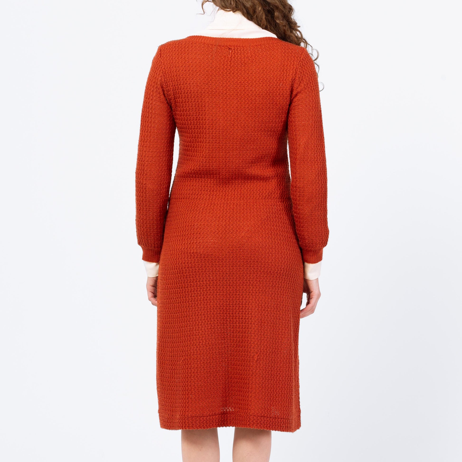 Vintage 70s 80s Burnt Orange Eyelet Knit Midi Sweater Dress - Medium | Retro Boat Neck Open Weave Long Sleeve Dress
