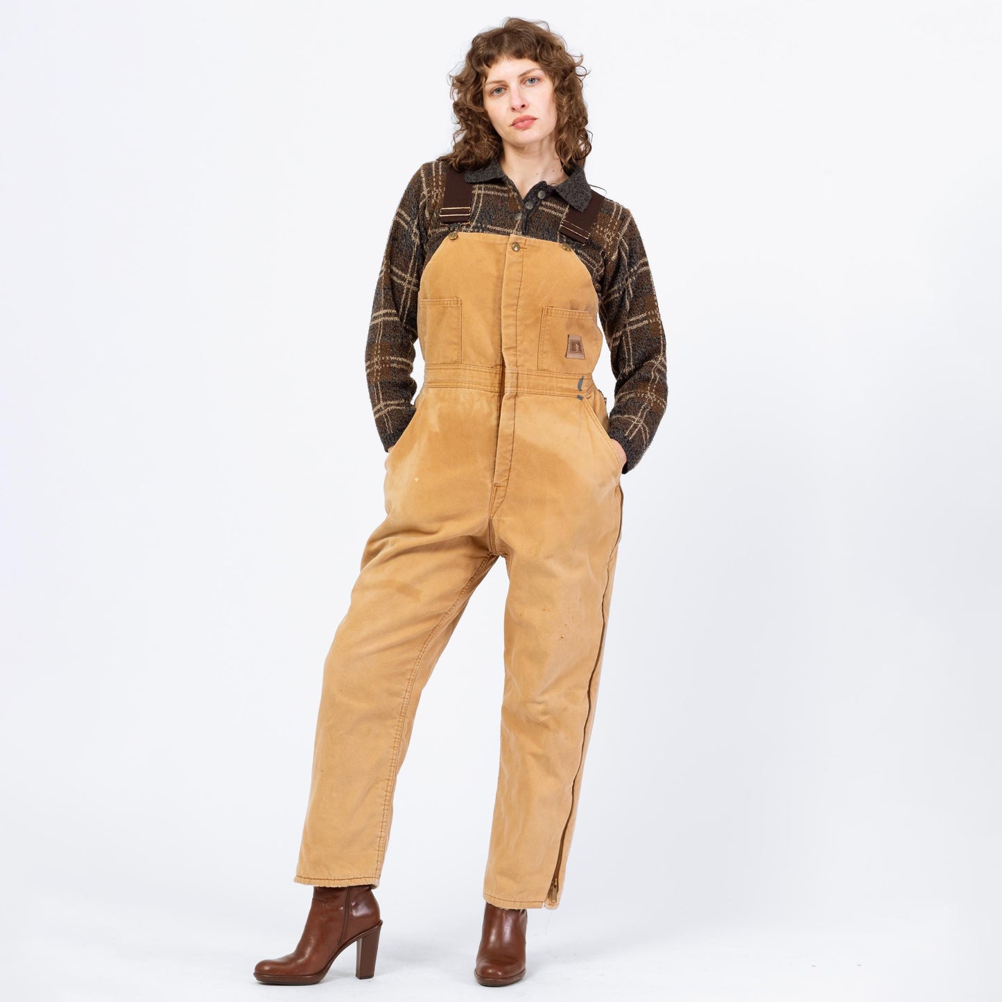 Vintage 90s Flannel Lined Insulated Overalls - Medium | Faded Tan Canvas Fitted Waist Thermal Workwear Jumpsuit