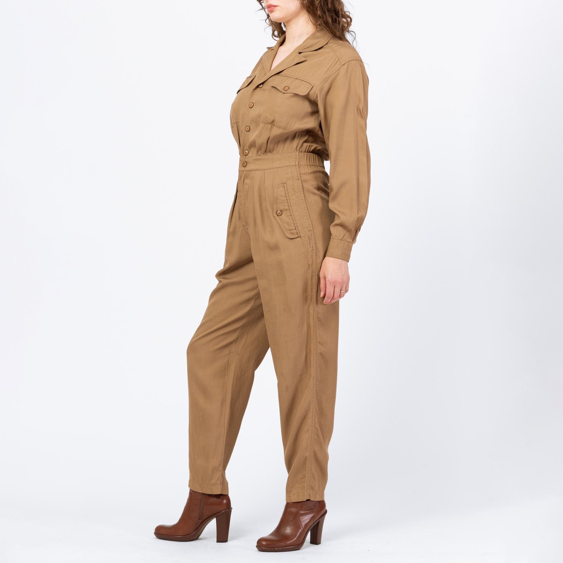 Vintage 90s Lizwear Khaki Tapered Leg Jumpsuit - Small to Medium | Pleated Button Up Fitted Waist Grunge Pantsuit