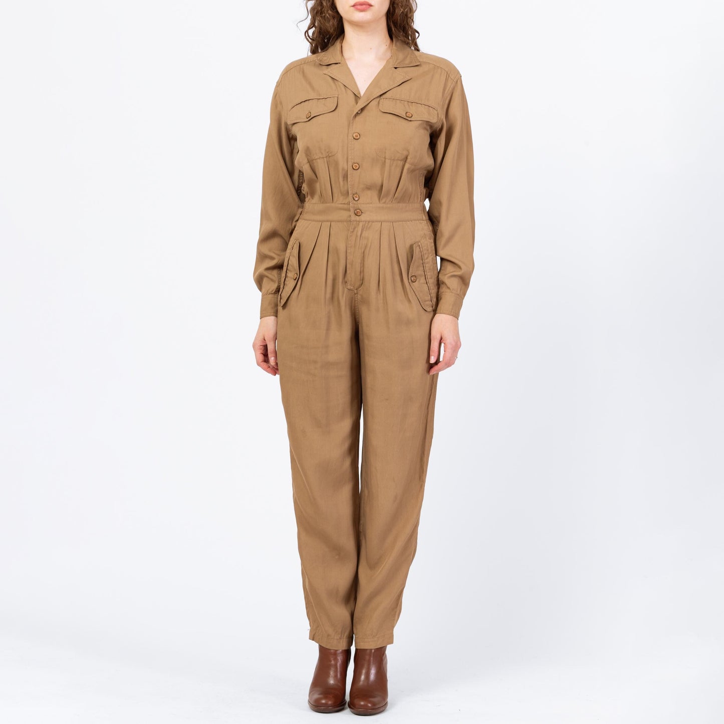 Vintage 90s Lizwear Khaki Tapered Leg Jumpsuit - Small to Medium | Pleated Button Up Fitted Waist Grunge Pantsuit