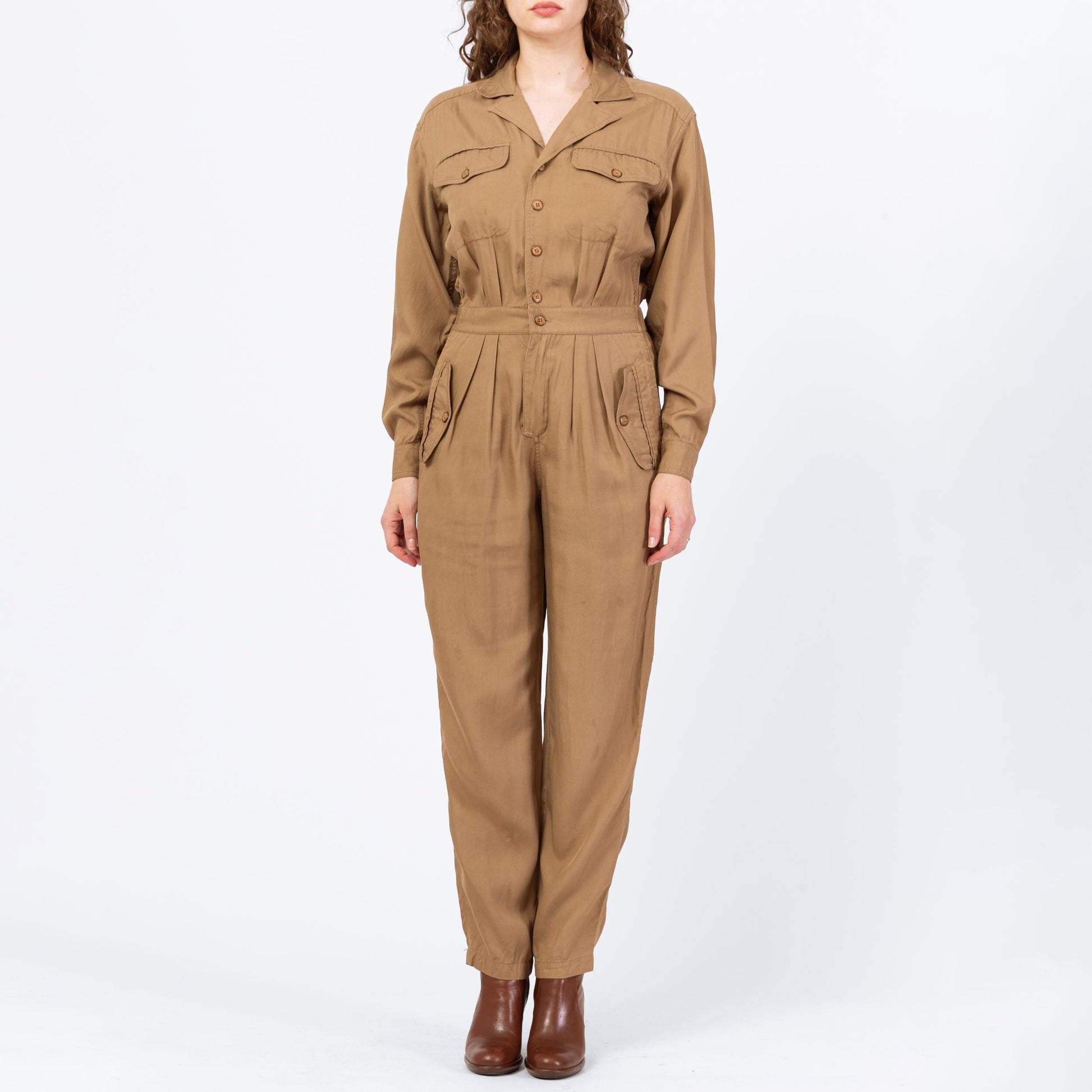 Vintage 90s Lizwear Khaki Tapered Leg Jumpsuit - Small to Medium | Pleated Button Up Fitted Waist Grunge Pantsuit