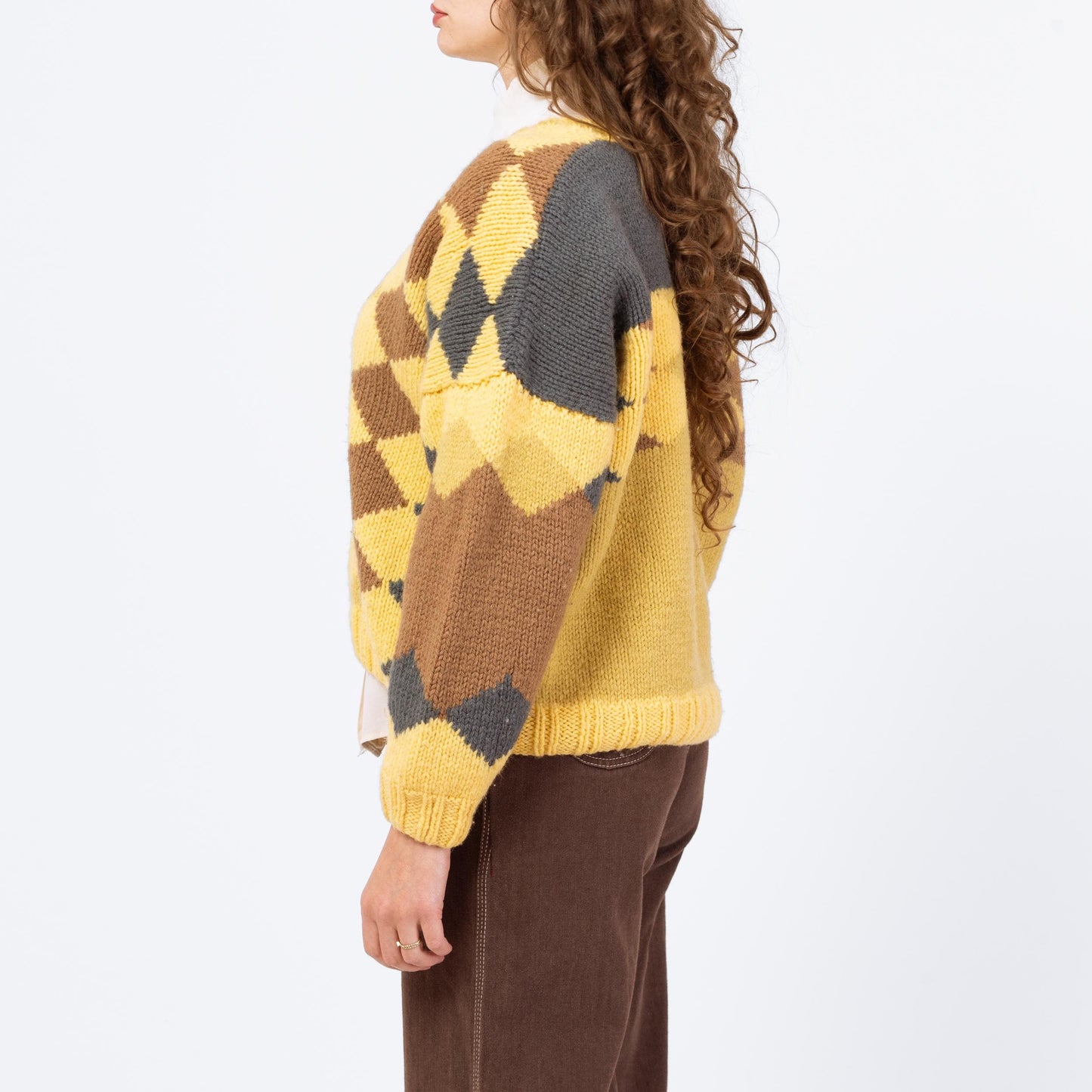 Vintage 70s Yellow Argyle Knit Cropped Sweater - One Size | Boxy V Neck Pullover Jumper