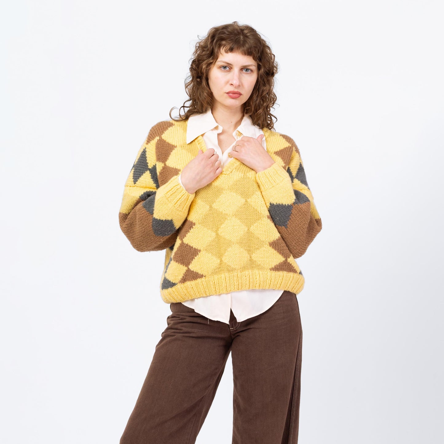 Vintage 70s Yellow Argyle Knit Cropped Sweater - One Size | Boxy V Neck Pullover Jumper