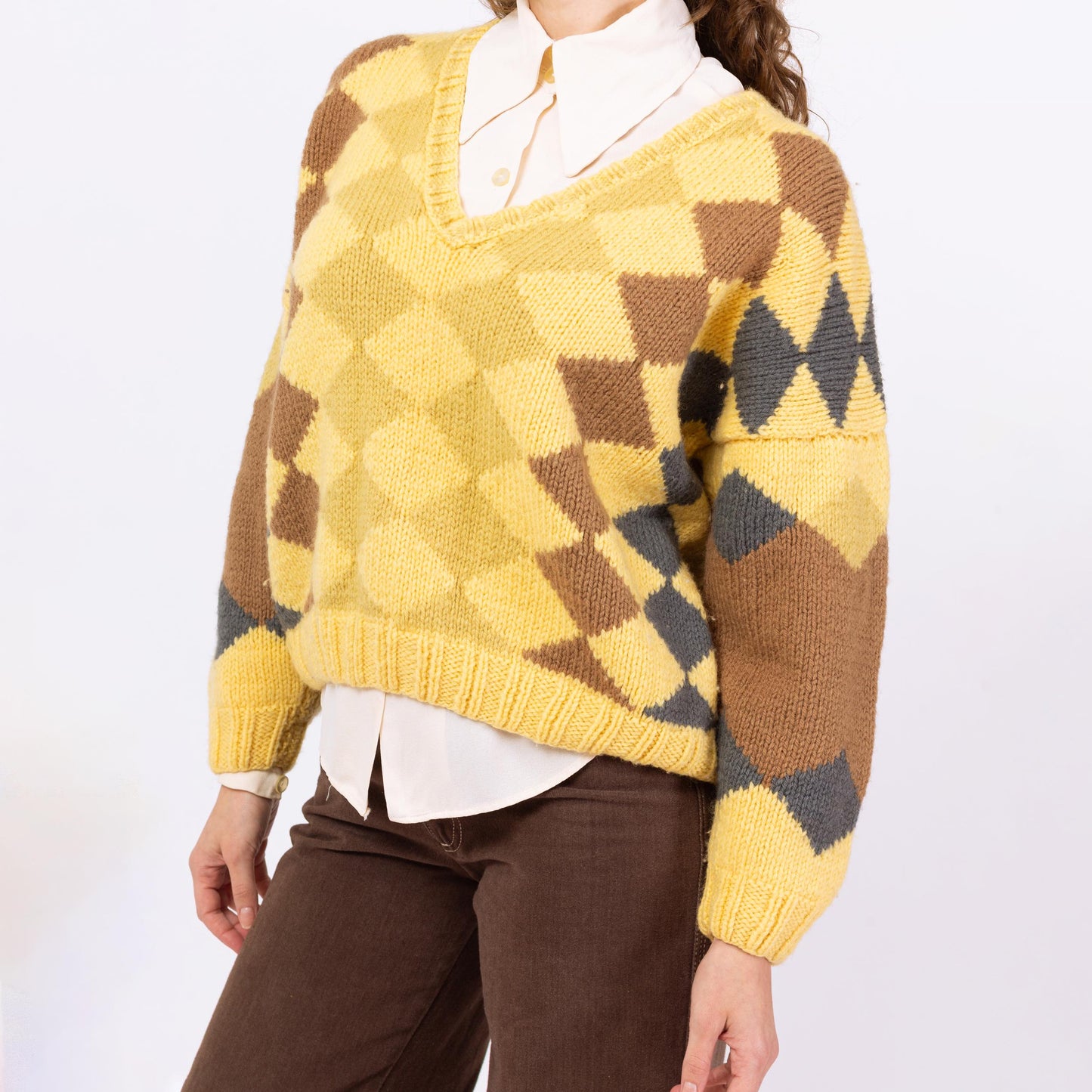 Vintage 70s Yellow Argyle Knit Cropped Sweater - One Size | Boxy V Neck Pullover Jumper