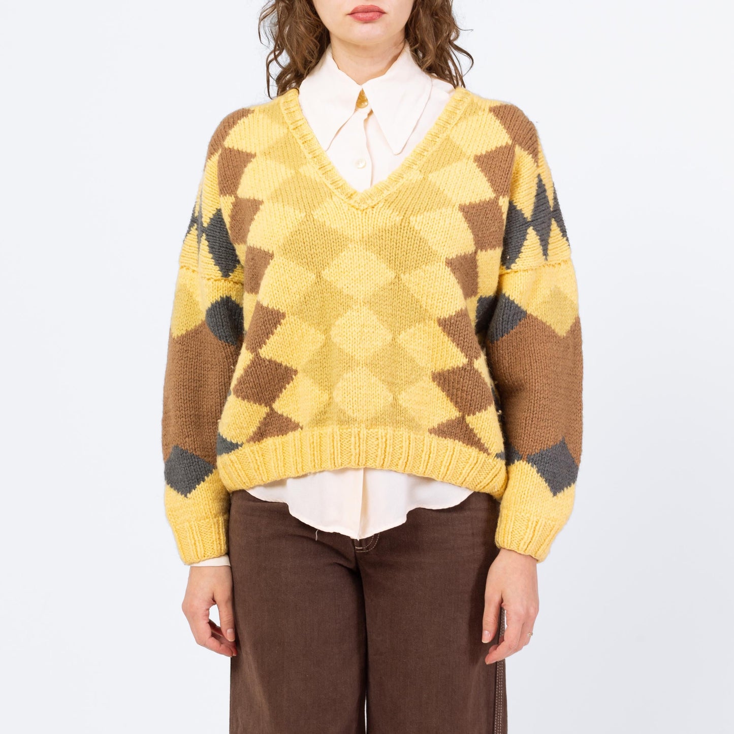 Vintage 70s Yellow Argyle Knit Cropped Sweater - One Size | Boxy V Neck Pullover Jumper
