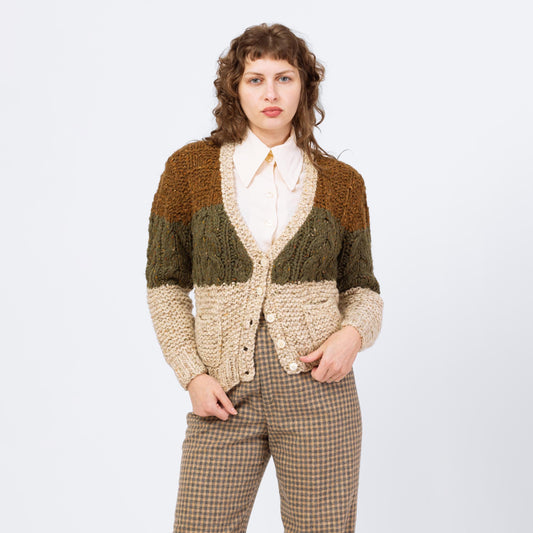 Vintage 90s Earth Tone Color Block Cable Knit Cardigan, Deadstock - Medium | Liz Claiborne Button Up V Neck Chunky Knit Sweater