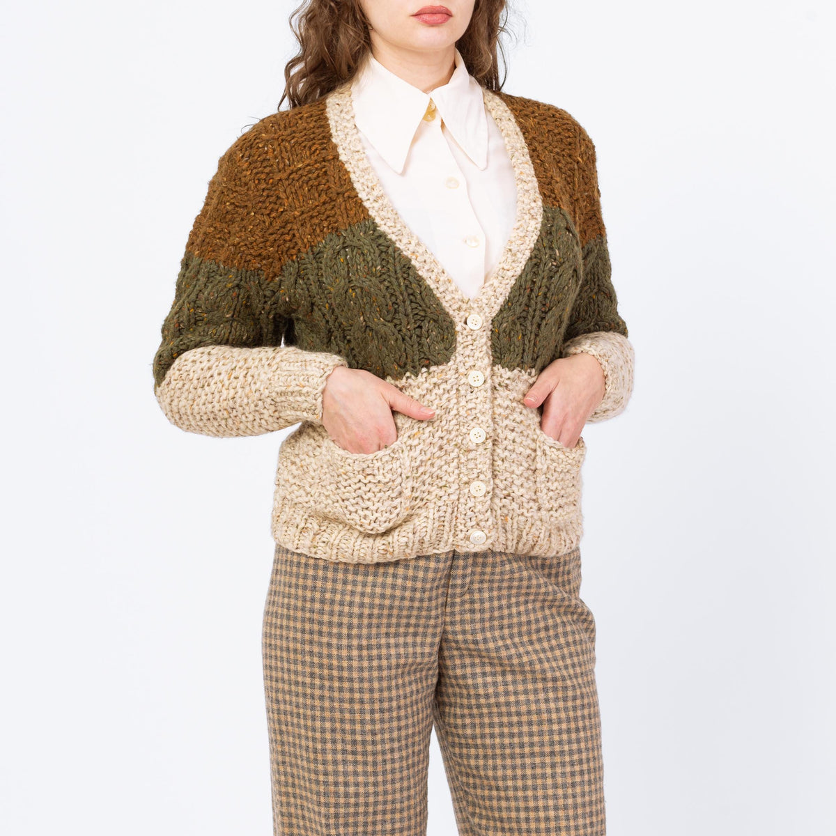 Vintage 90s Earth Tone Color Block Cable Knit Cardigan, Deadstock 