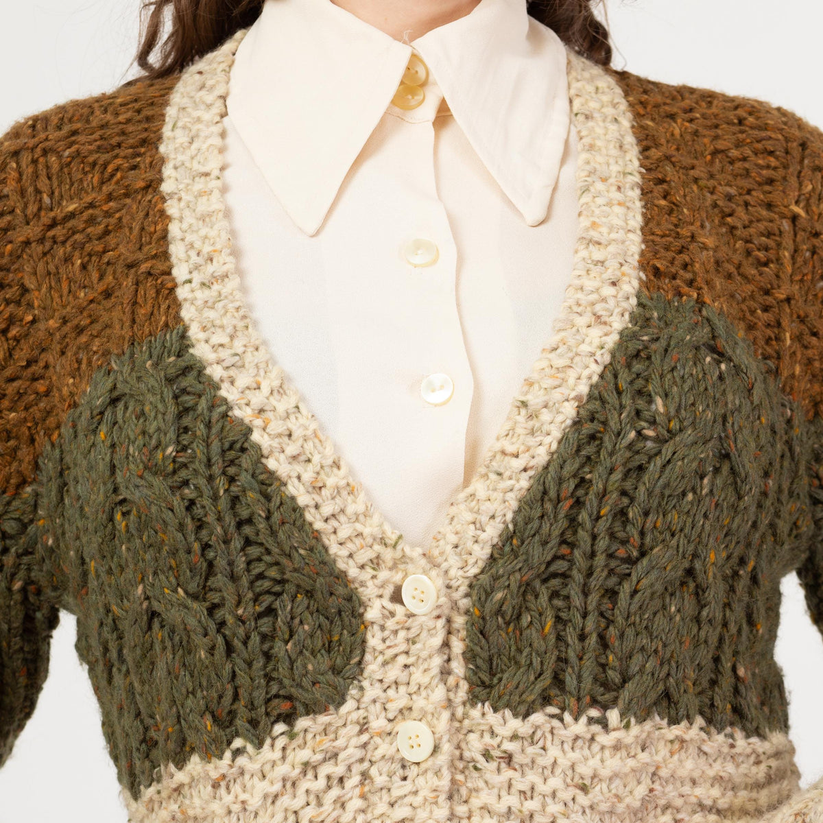 Vintage 90s Earth Tone Color Block Cable Knit Cardigan, Deadstock 