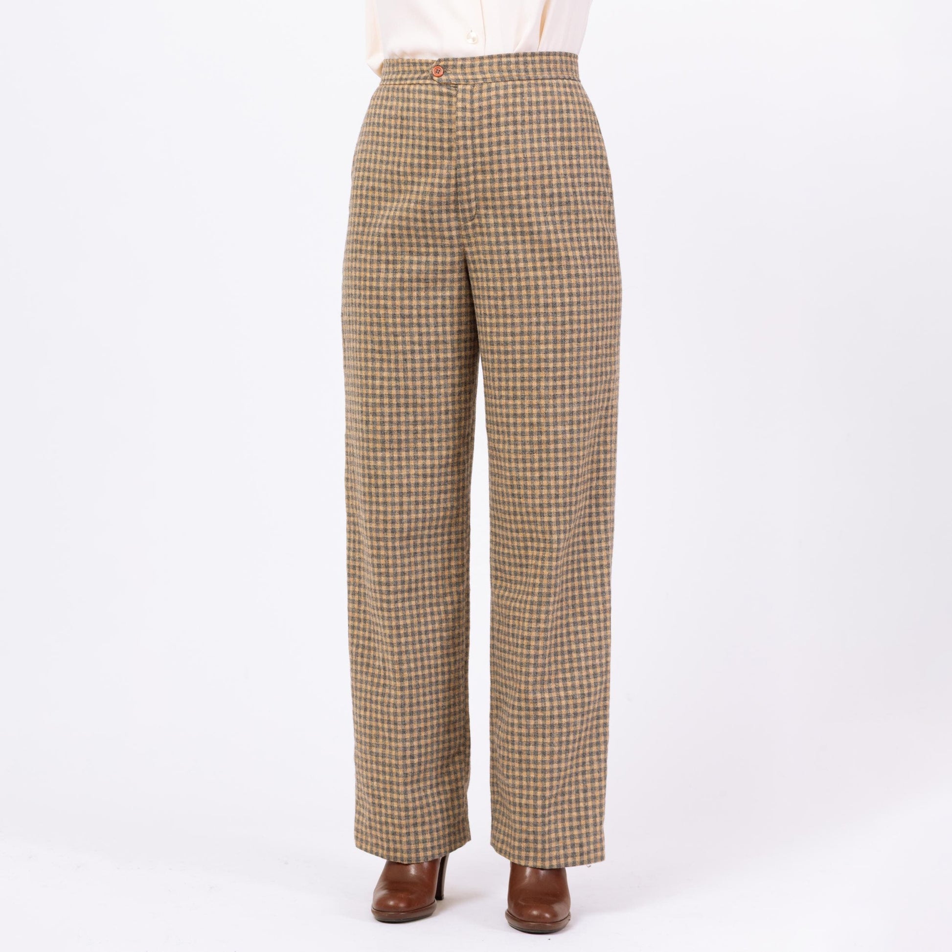 Vintage 70s Yellow & Grey Plaid Wool Pants - Medium, 28" Waist | Jack Winter High Waisted Straight Leg Trousers