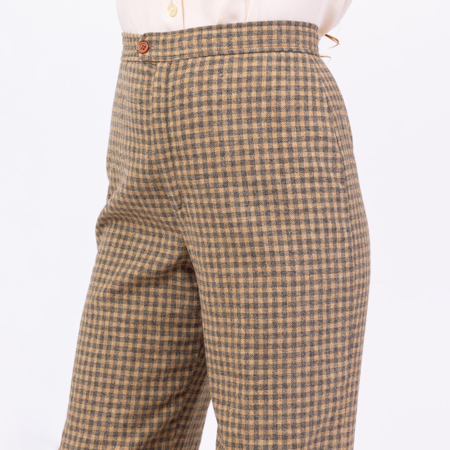 Vintage 70s Yellow & Grey Plaid Wool Pants - Medium, 28" Waist | Jack Winter High Waisted Straight Leg Trousers
