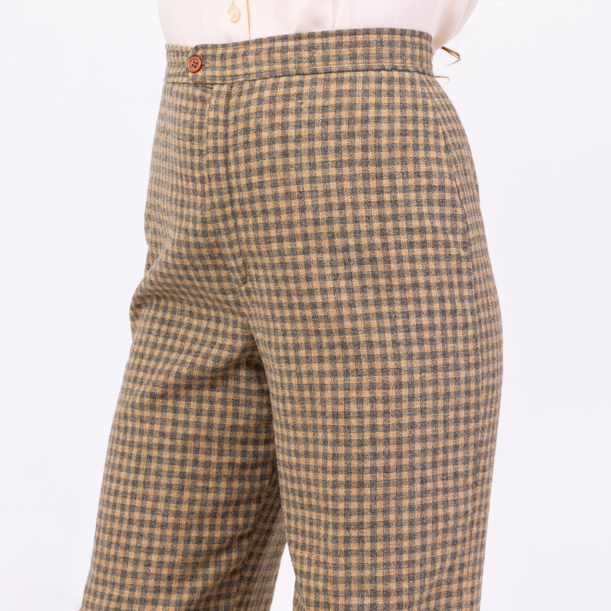 Vintage 70s Yellow & Grey Plaid Wool Pants - Medium, 28" Waist | Jack Winter High Waisted Straight Leg Trousers