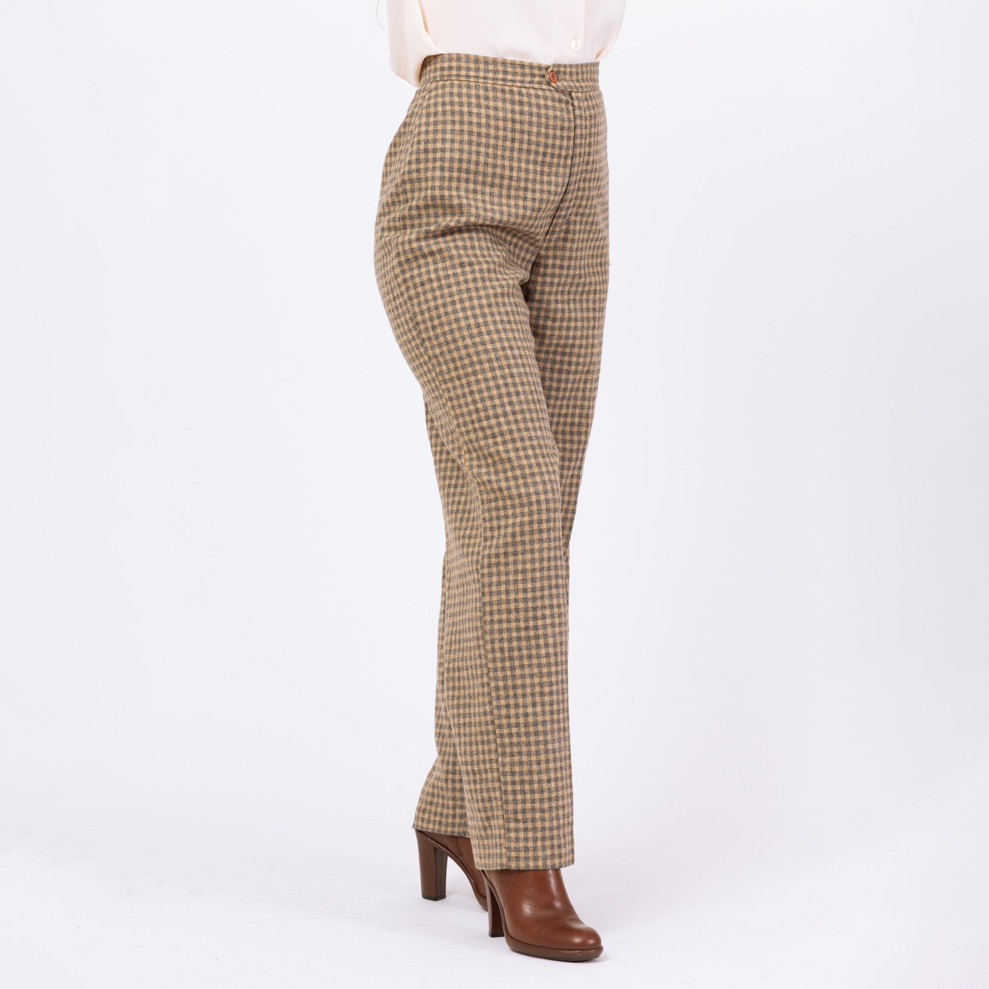 Vintage 70s Yellow & Grey Plaid Wool Pants - Medium, 28" Waist | Jack Winter High Waisted Straight Leg Trousers